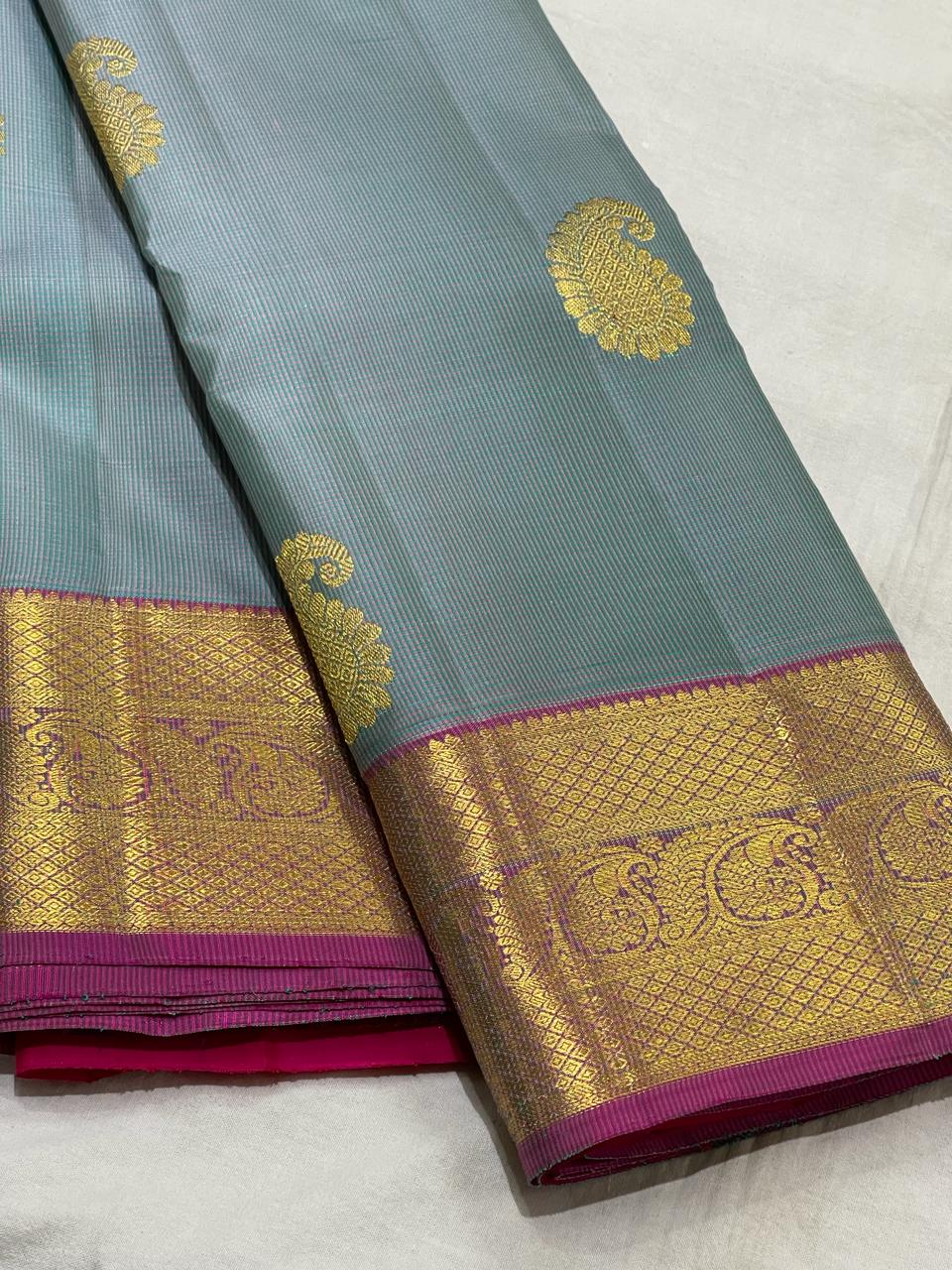 GREY/PINK COLOUR  ZARI BORDER COMBITION PURE KANCHI SILK SAREE