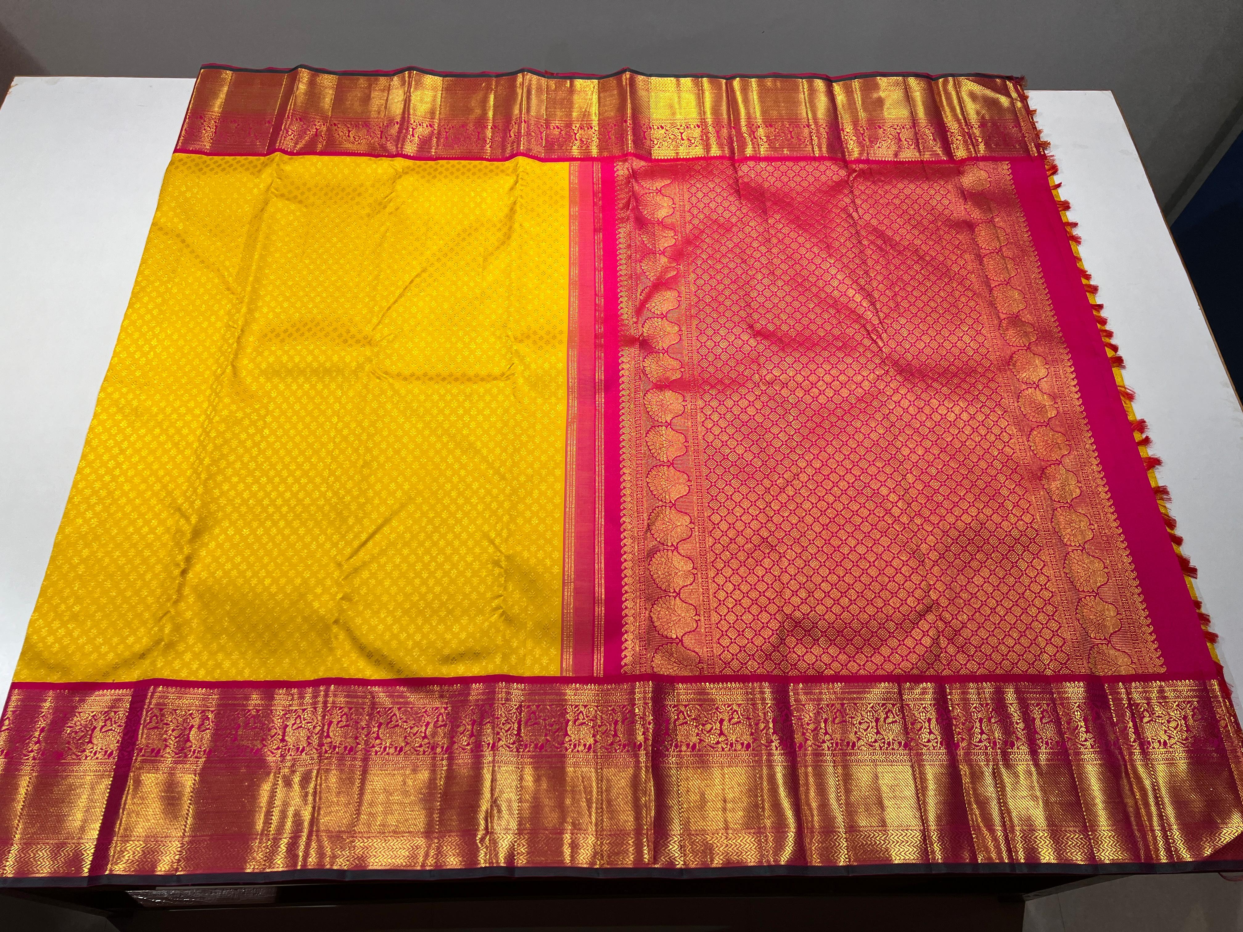 LEMON YELLOW/PINK COLOUR  ZARI BORDER COMBITION PURE KANCHI SILK SAREE