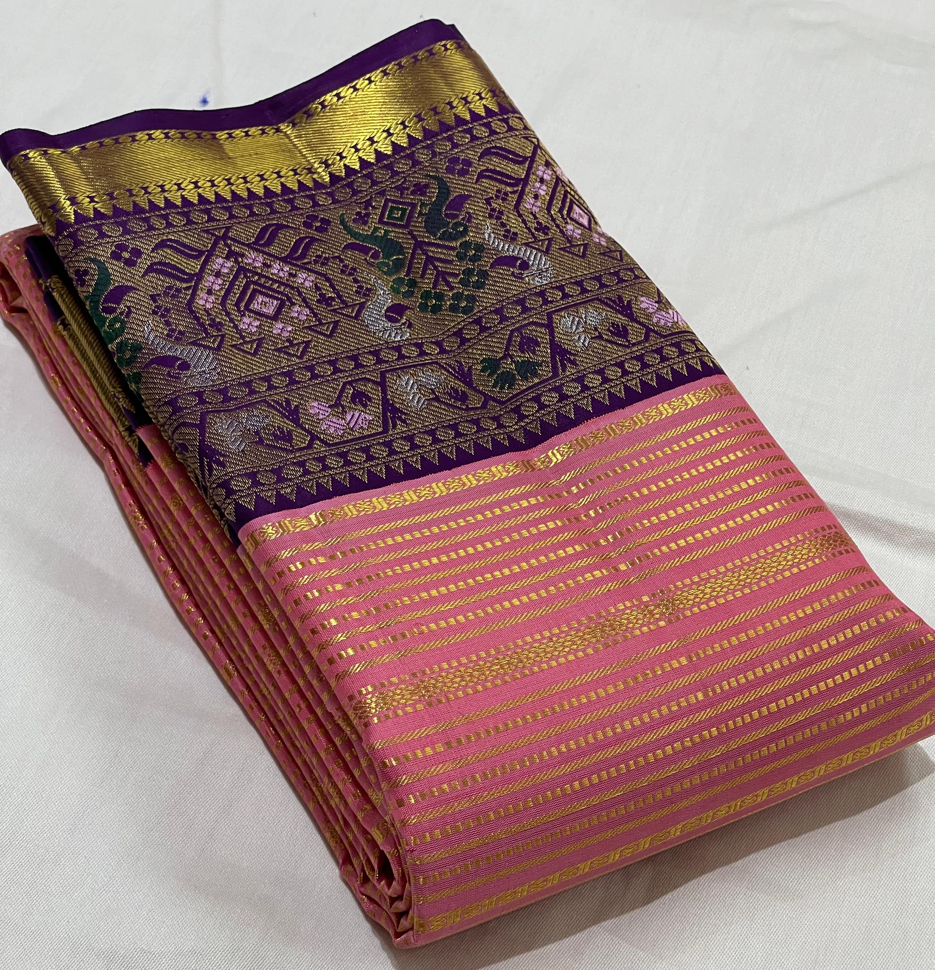 PEACH/PURPLE COLOUR  ZARI BORDER COMBITION PURE KANCHI SILK SAREE