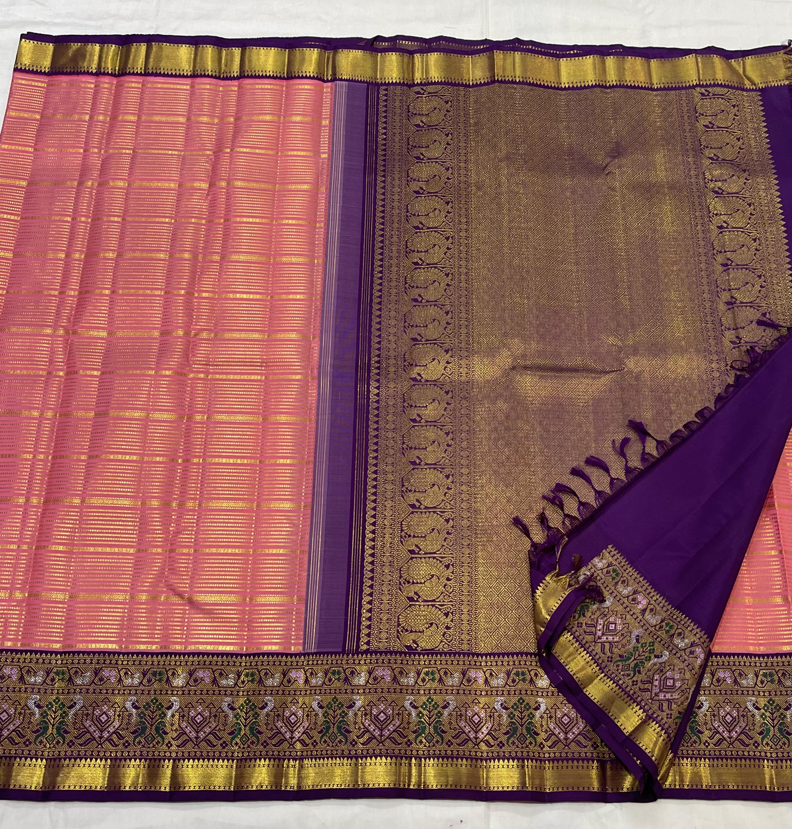 PEACH/PURPLE COLOUR  ZARI BORDER COMBITION PURE KANCHI SILK SAREE