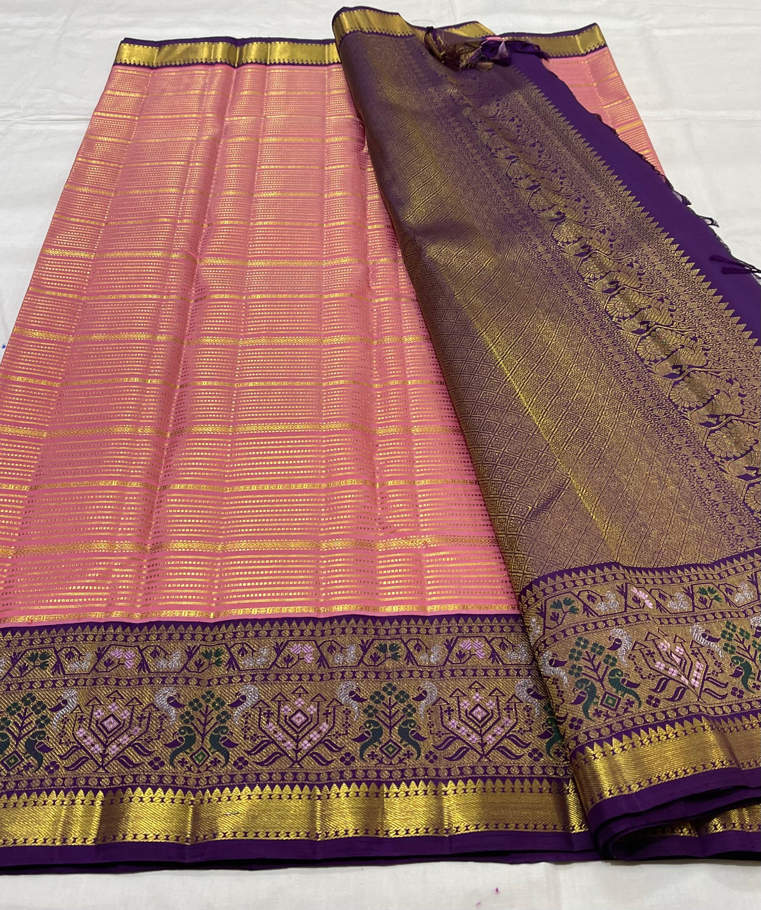 PEACH/PURPLE COLOUR  ZARI BORDER COMBITION PURE KANCHI SILK SAREE