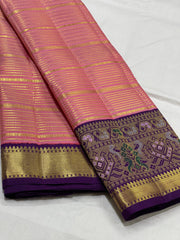 PEACH/PURPLE COLOUR  ZARI BORDER COMBITION PURE KANCHI SILK SAREE