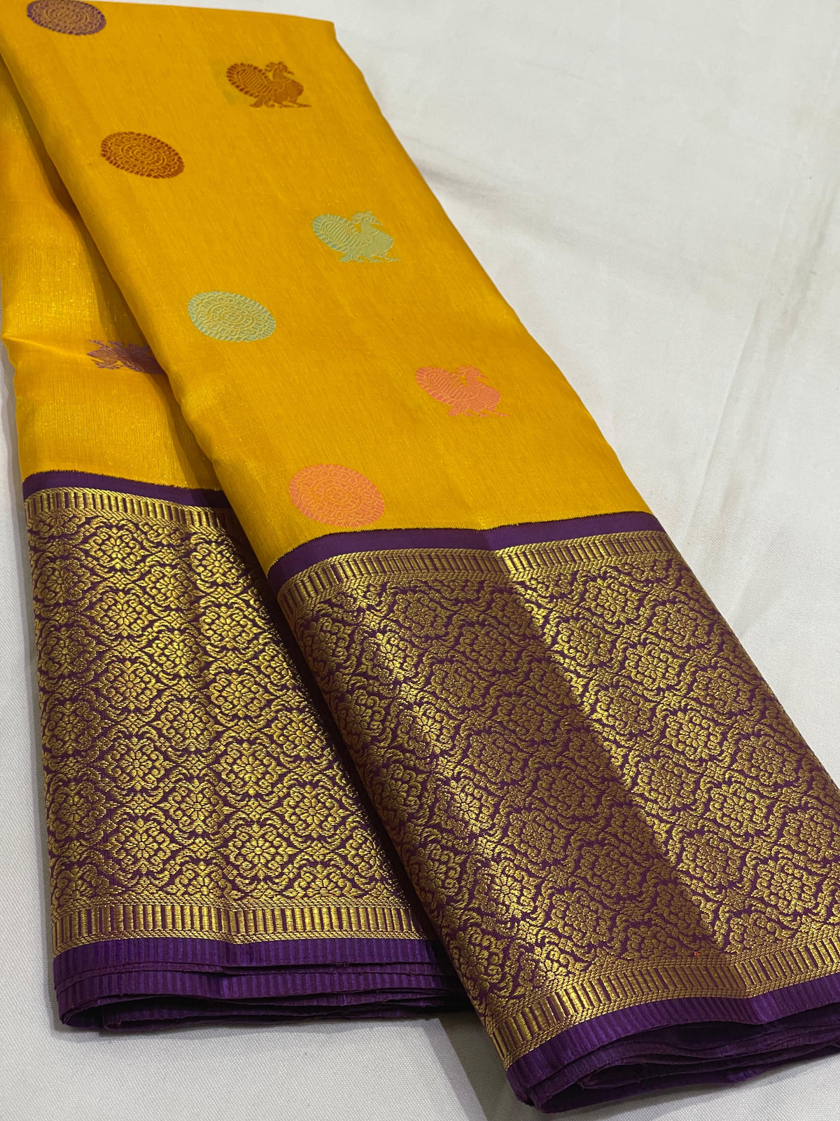 YELLOW /PURPLE COLOUR  ZARI BORDER COMBITION PURE KANCHI SILK SAREE