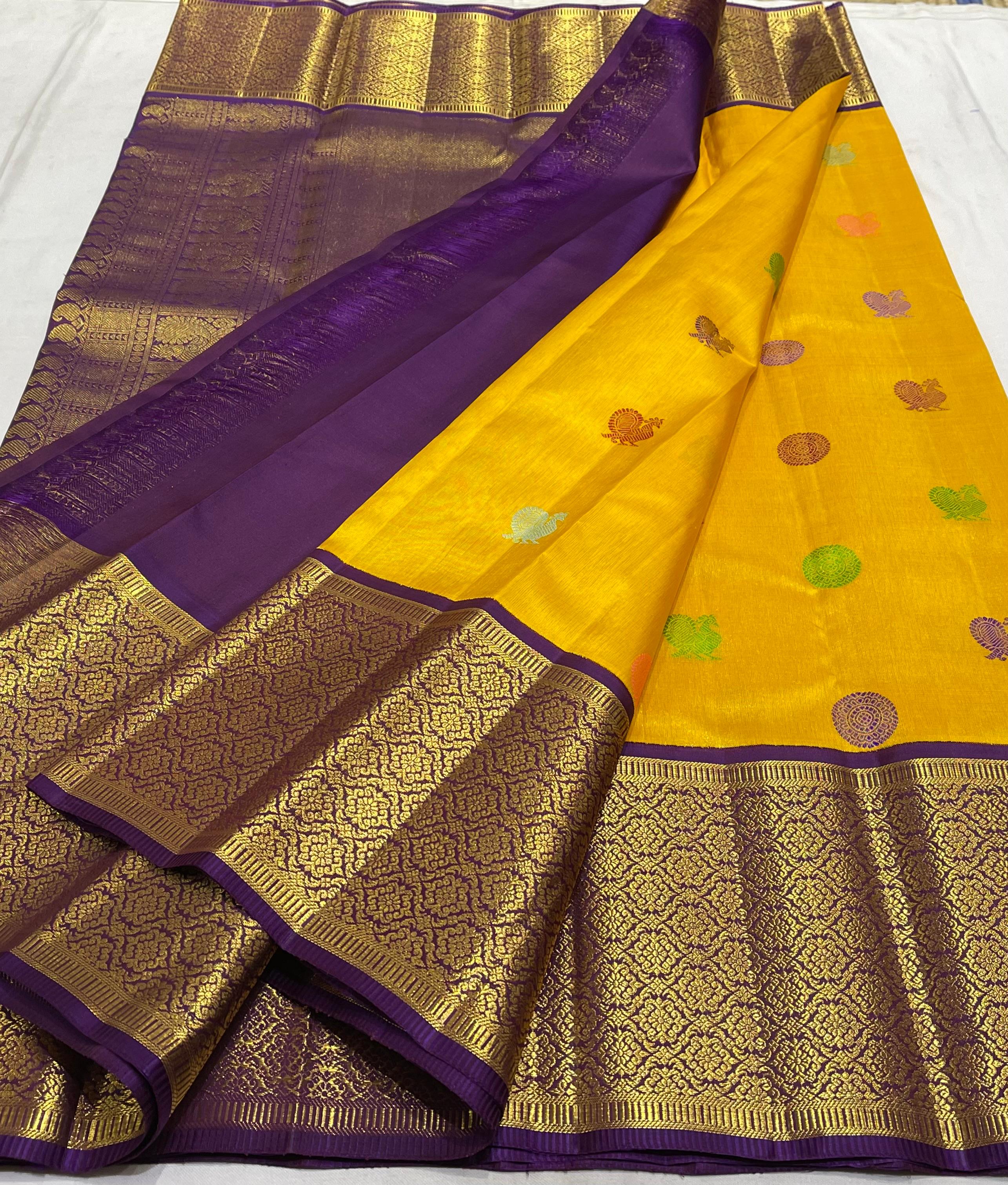 YELLOW /PURPLE COLOUR  ZARI BORDER COMBITION PURE KANCHI SILK SAREE