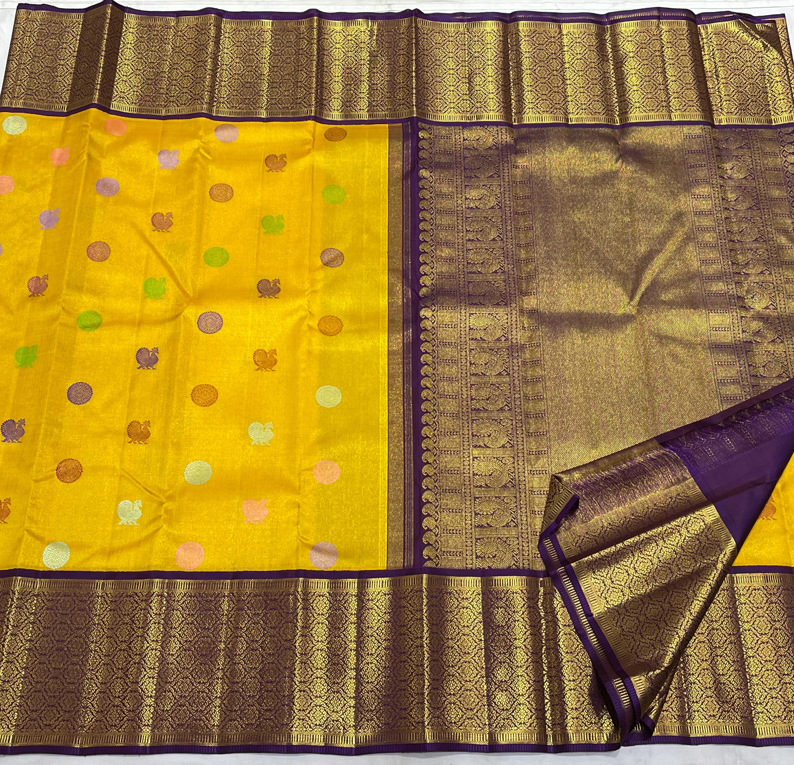 YELLOW /PURPLE COLOUR  ZARI BORDER COMBITION PURE KANCHI SILK SAREE