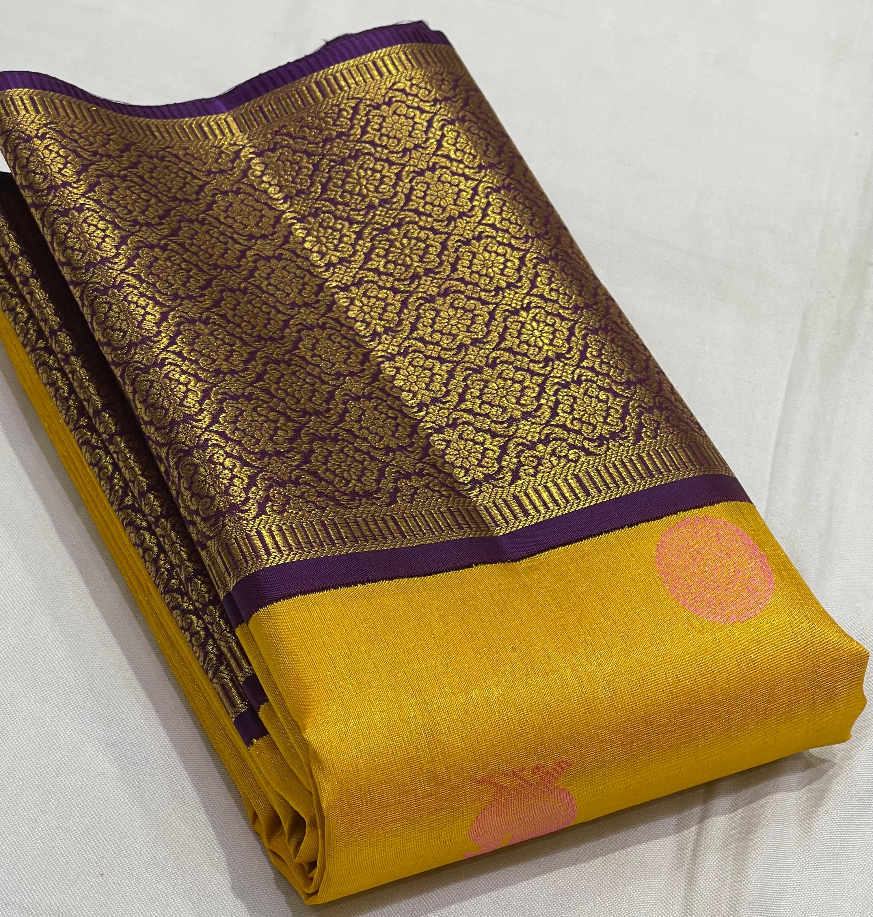 YELLOW /PURPLE COLOUR  ZARI BORDER COMBITION PURE KANCHI SILK SAREE