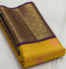 YELLOW /PURPLE COLOUR  ZARI BORDER COMBITION PURE KANCHI SILK SAREE