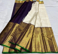 HALF WHITE/BROWN  COLOUR  ZARI BORDER COMBITION PURE KANCHI SILK SAREE