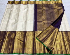 HALF WHITE/BROWN  COLOUR  ZARI BORDER COMBITION PURE KANCHI SILK SAREE