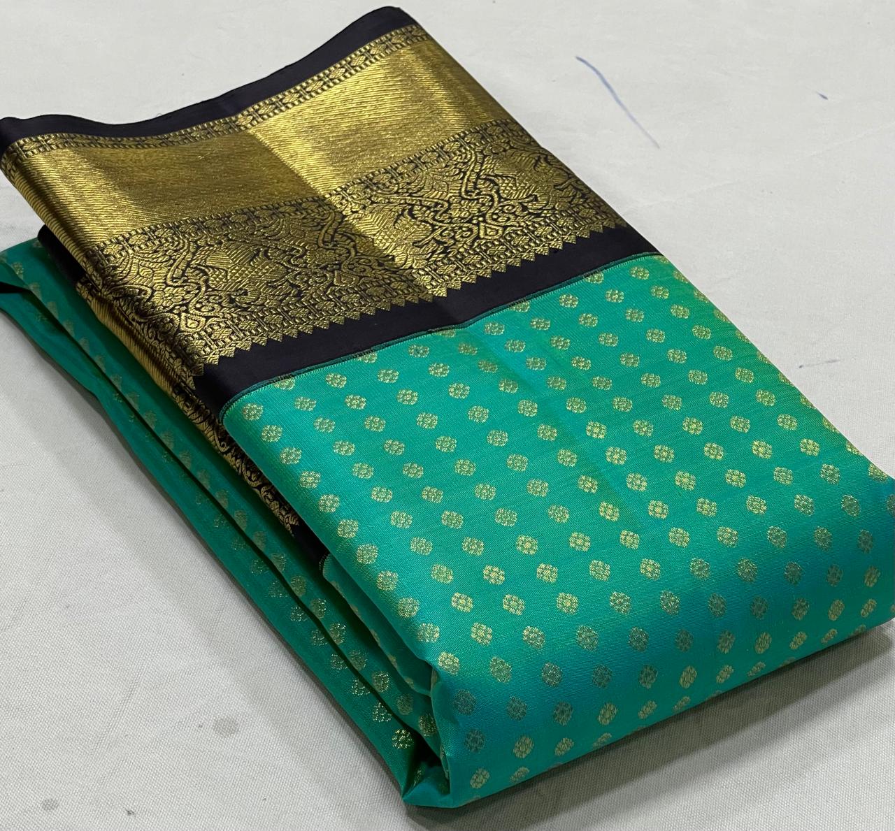 LITE TORQUISE GREEN/BLACK  COLOUR  ZARI BORDER COMBITION PURE KANCHI SILK SAREE