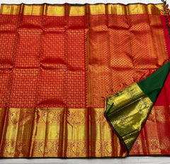 GREEN/RED  COLOUR  ZARI BORDER COMBITION PURE KANCHI SILK SAREE