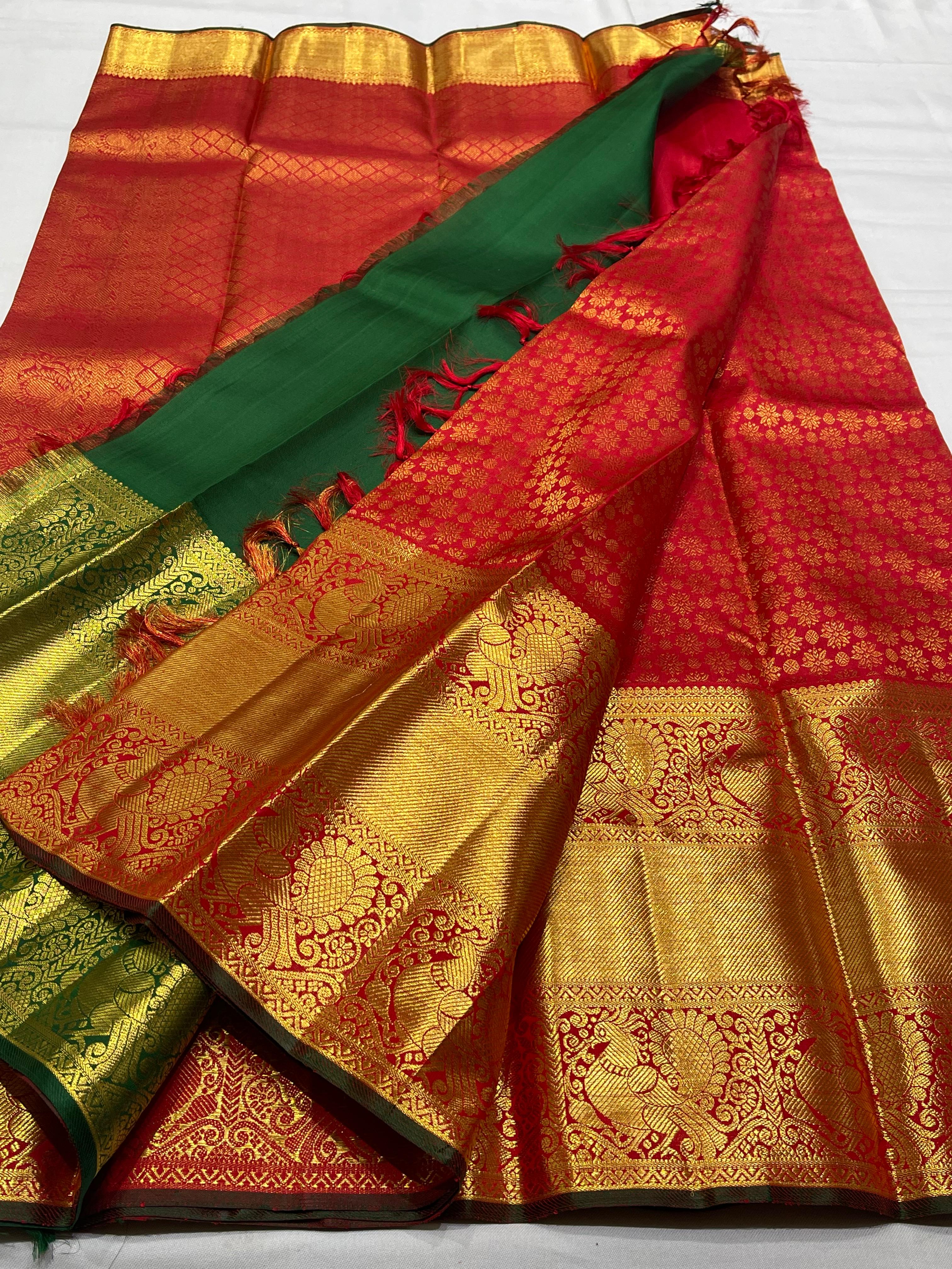 GREEN/RED  COLOUR  ZARI BORDER COMBITION PURE KANCHI SILK SAREE