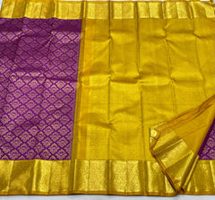 PURPLE/MUSTURD YELLOW COLOUR  ZARI BORDER COMBITION PURE KANCHI SILK SAREE