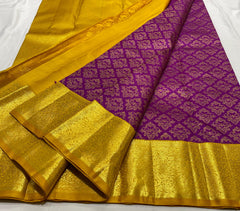 PURPLE/MUSTURD YELLOW COLOUR  ZARI BORDER COMBITION PURE KANCHI SILK SAREE