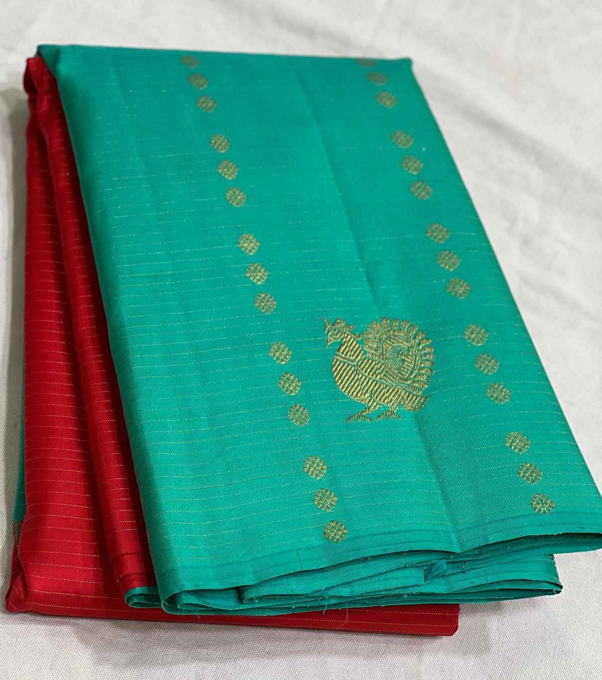 RED/TORQUISE BLUE COLOUR  ZARI BORDER COMBITION PURE KANCHI SILK SAREE