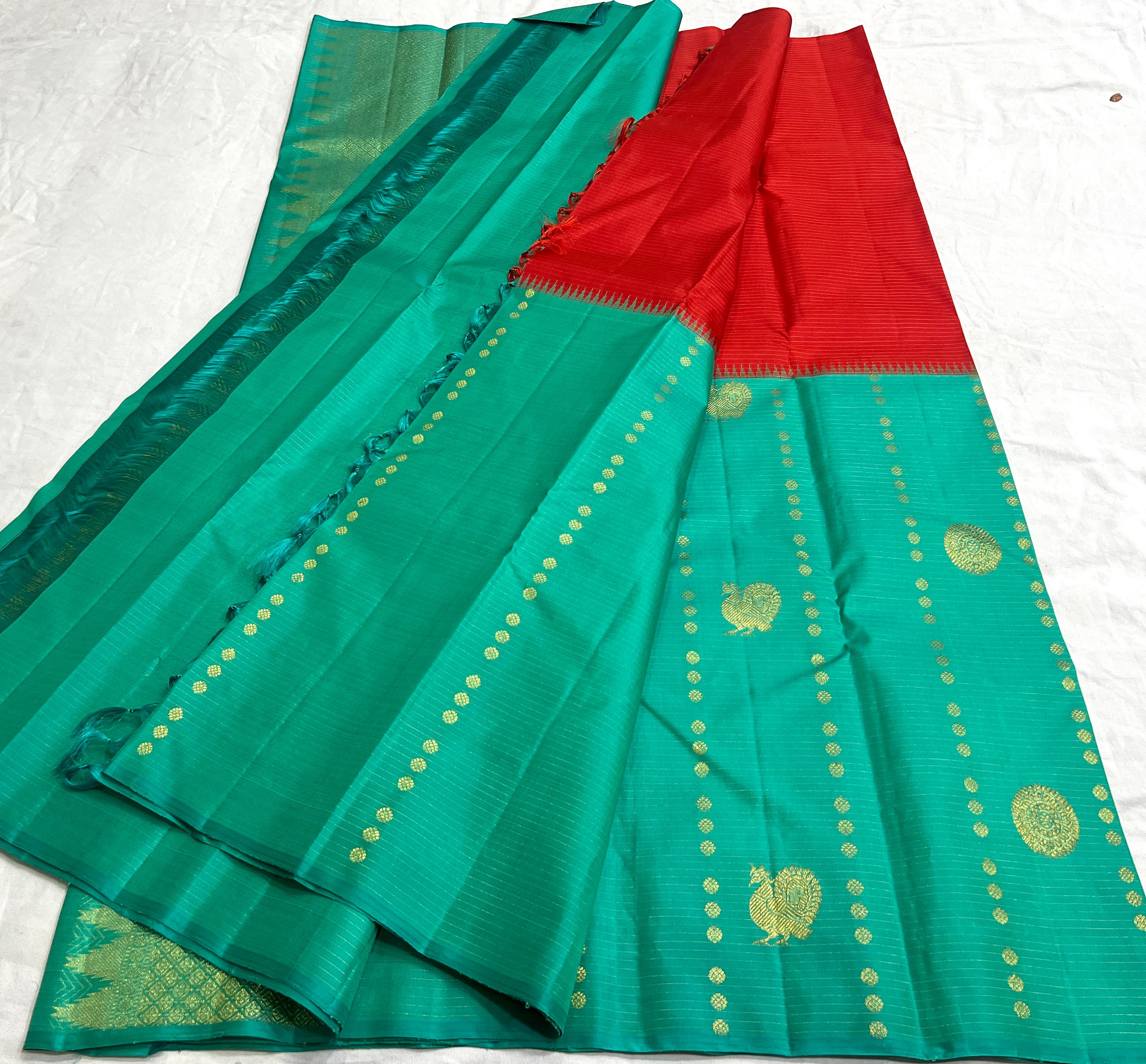 RED/TORQUISE BLUE COLOUR  ZARI BORDER COMBITION PURE KANCHI SILK SAREE