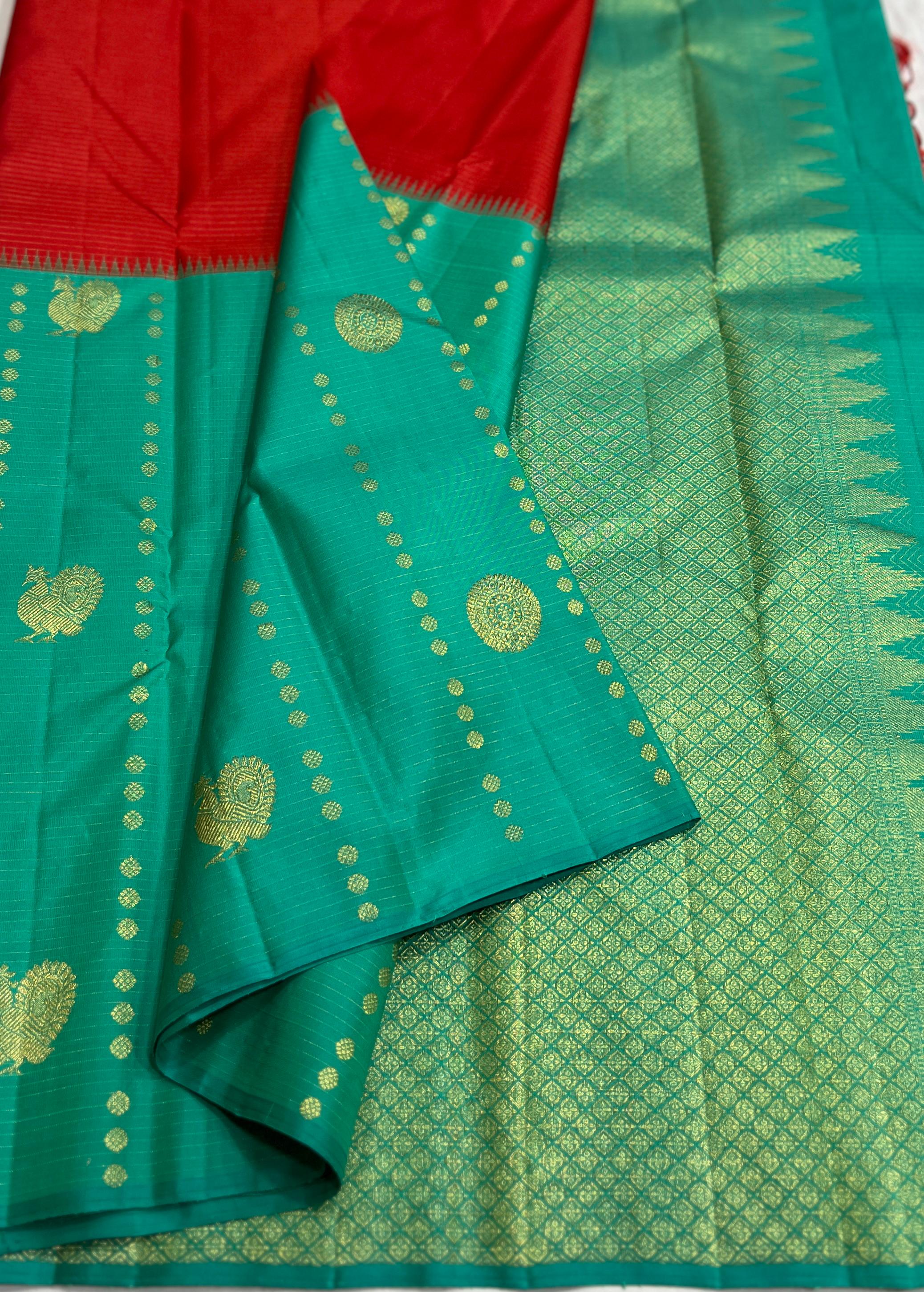 RED/TORQUISE BLUE COLOUR  ZARI BORDER COMBITION PURE KANCHI SILK SAREE