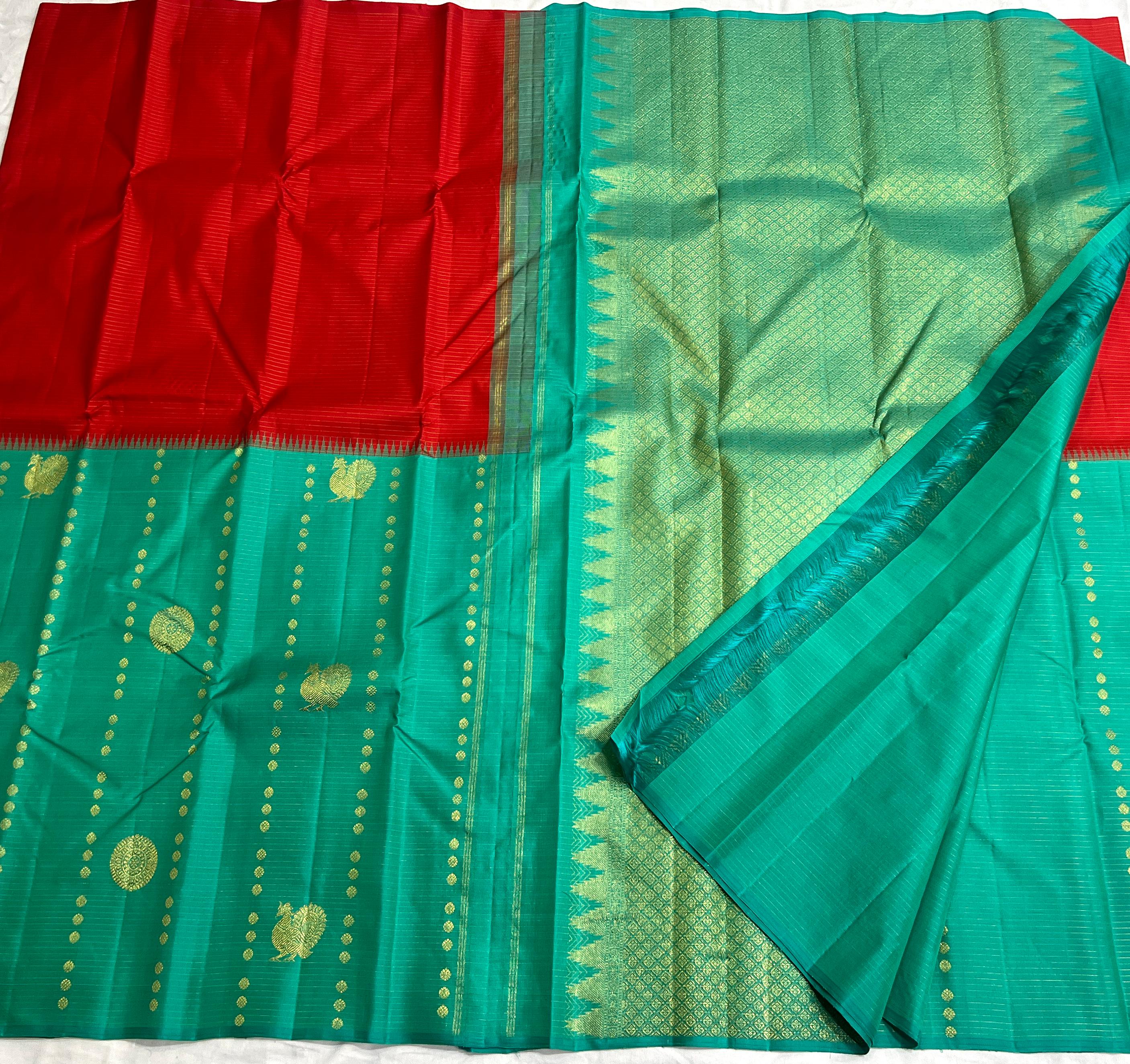 RED/TORQUISE BLUE COLOUR  ZARI BORDER COMBITION PURE KANCHI SILK SAREE