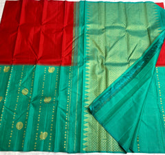 RED/TORQUISE BLUE COLOUR  ZARI BORDER COMBITION PURE KANCHI SILK SAREE