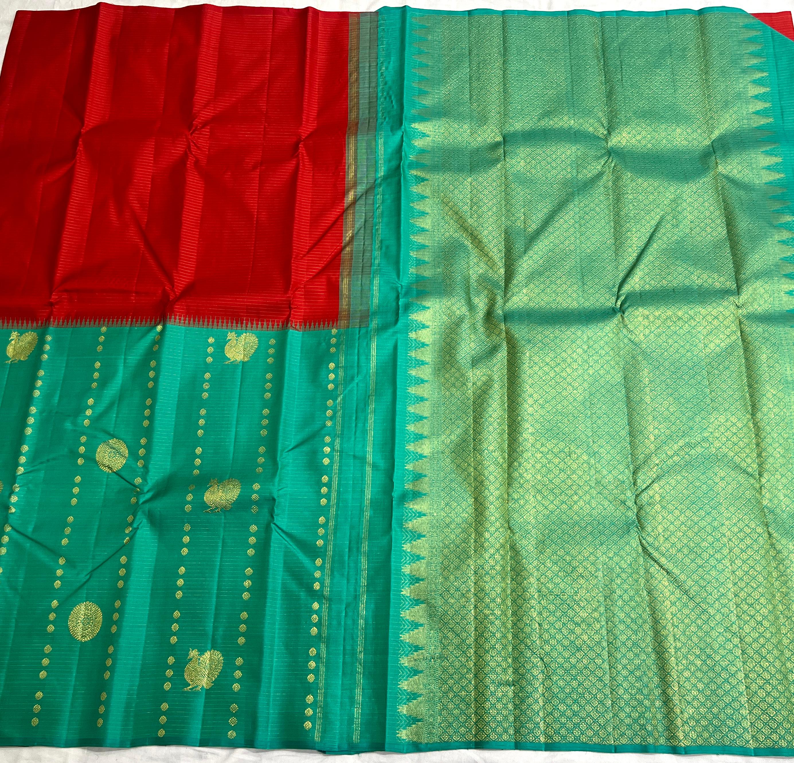 RED/TORQUISE BLUE COLOUR  ZARI BORDER COMBITION PURE KANCHI SILK SAREE