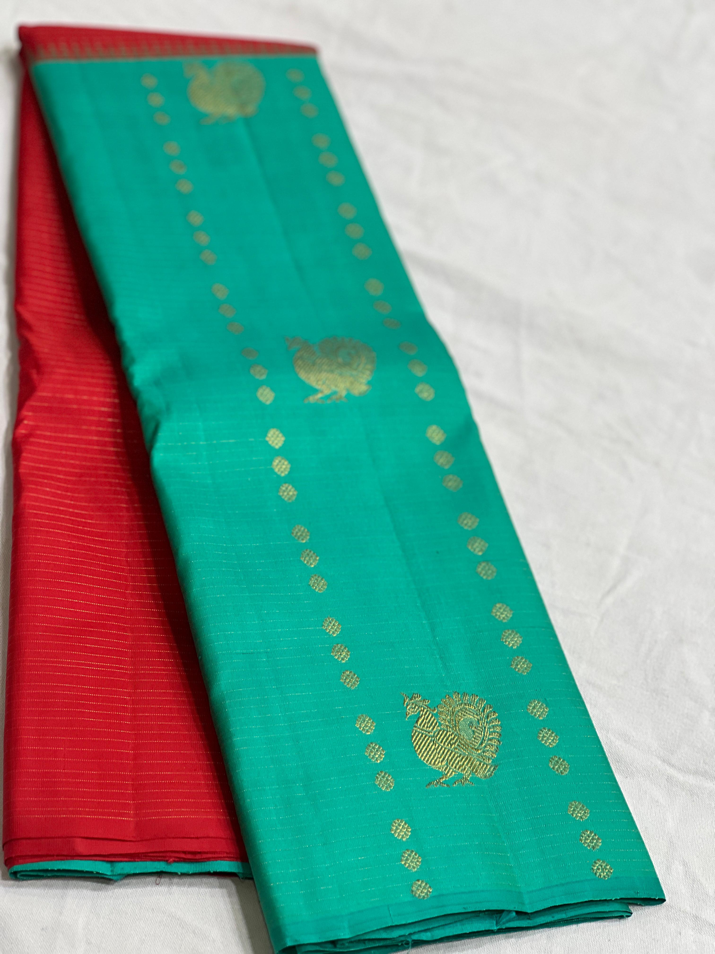 RED/TORQUISE BLUE COLOUR  ZARI BORDER COMBITION PURE KANCHI SILK SAREE