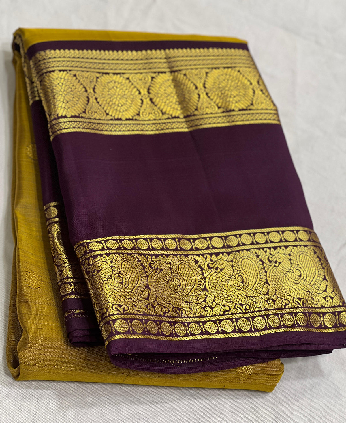 MUSTURD YELLOW/PURPLE  COLOUR  ZARI BORDER COMBITION PURE KANCHI SILK SAREE