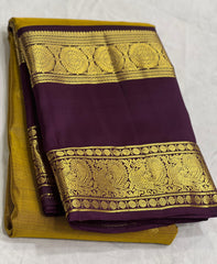 MUSTURD YELLOW/PURPLE  COLOUR  ZARI BORDER COMBITION PURE KANCHI SILK SAREE