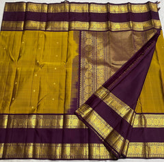 MUSTURD YELLOW/PURPLE  COLOUR  ZARI BORDER COMBITION PURE KANCHI SILK SAREE