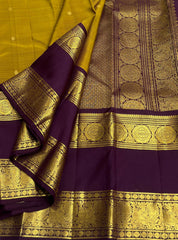 MUSTURD YELLOW/PURPLE  COLOUR  ZARI BORDER COMBITION PURE KANCHI SILK SAREE