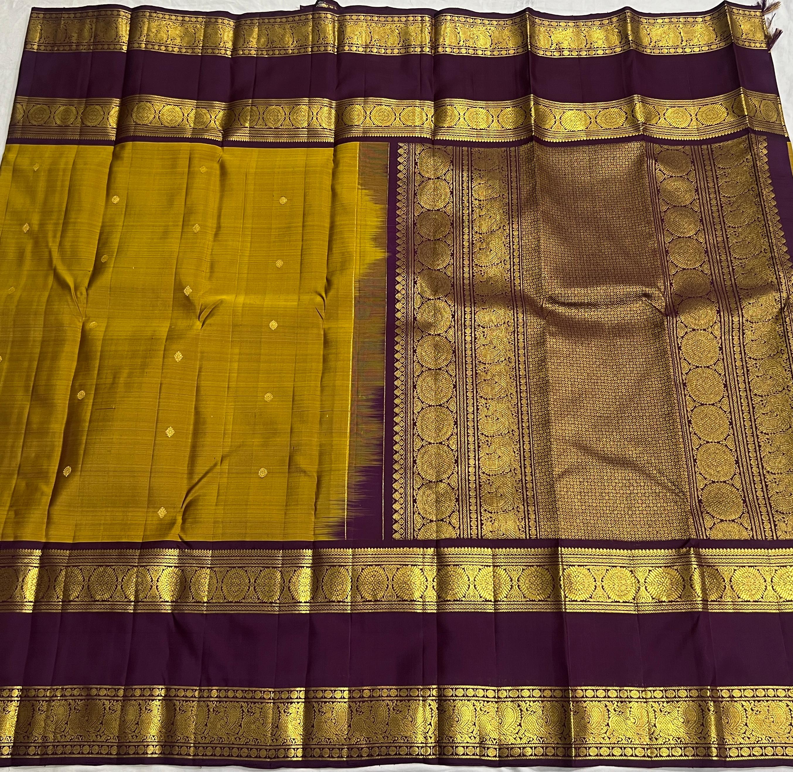 MUSTURD YELLOW/PURPLE  COLOUR  ZARI BORDER COMBITION PURE KANCHI SILK SAREE