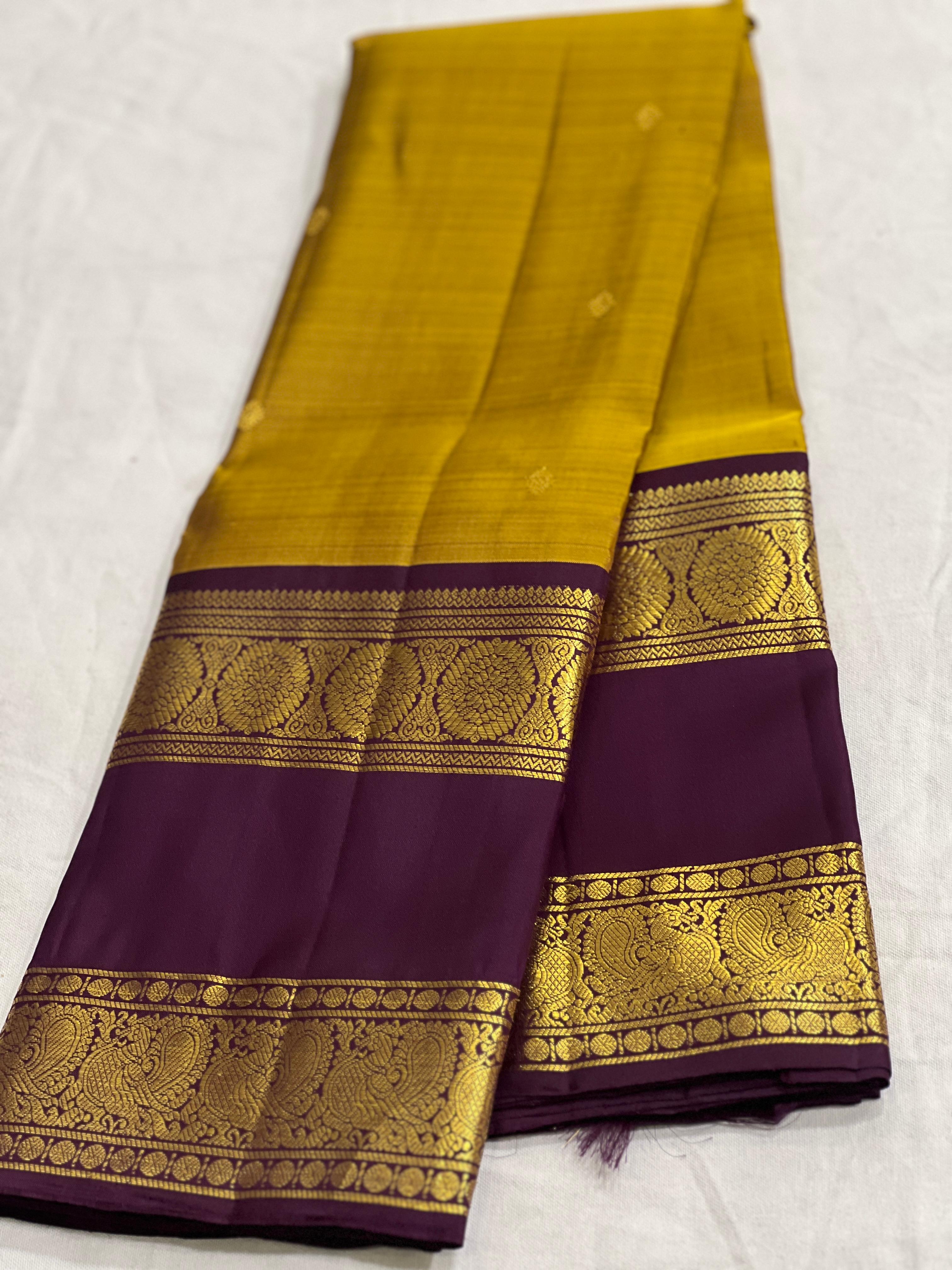 MUSTURD YELLOW/PURPLE  COLOUR  ZARI BORDER COMBITION PURE KANCHI SILK SAREE