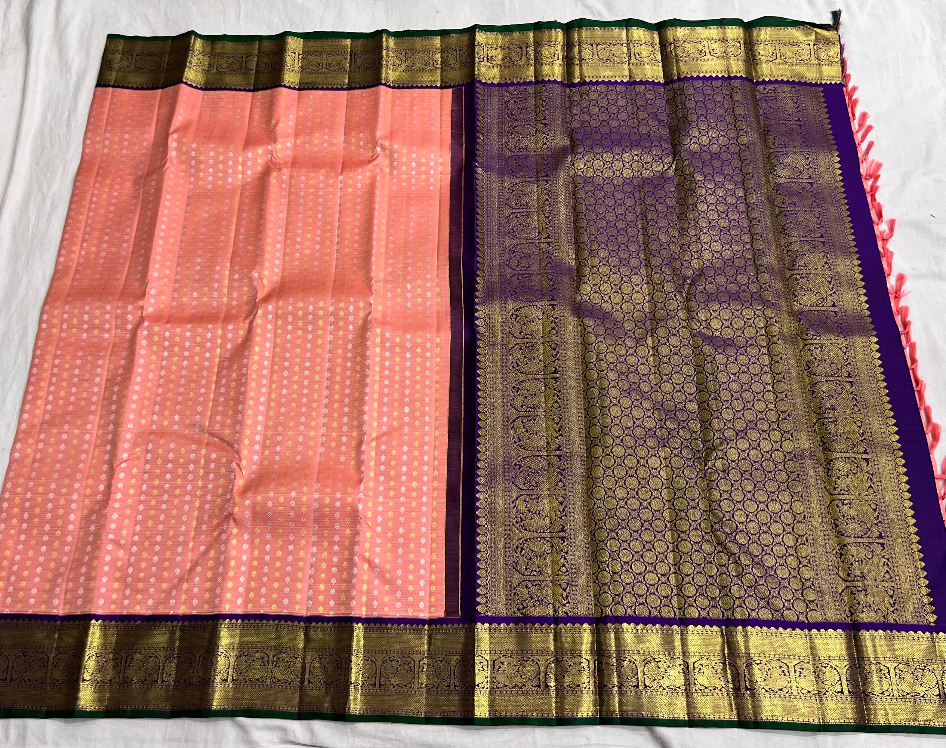 PEACH/VOILET COLOUR  ZARI BORDER COMBITION PURE KANCHI SILK SAREE