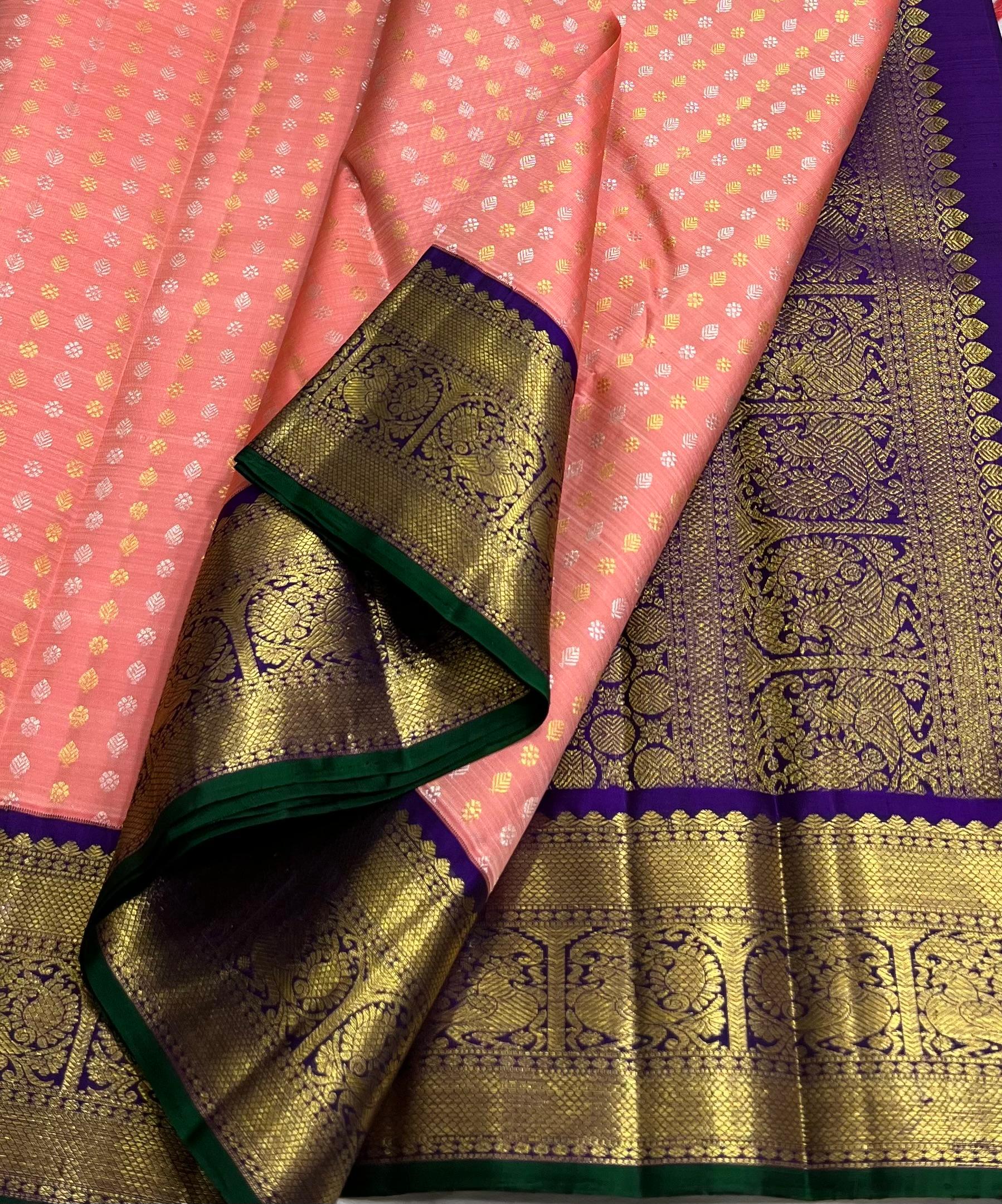 PEACH/VOILET COLOUR  ZARI BORDER COMBITION PURE KANCHI SILK SAREE