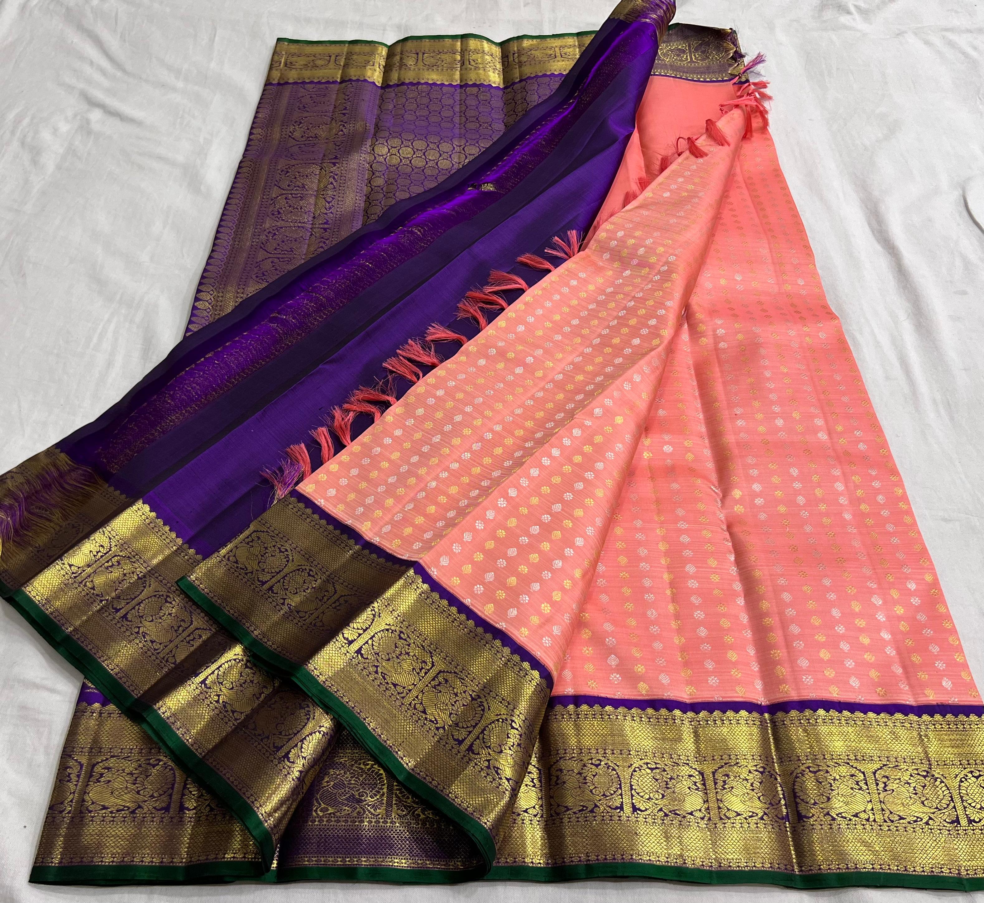 PEACH/VOILET COLOUR  ZARI BORDER COMBITION PURE KANCHI SILK SAREE