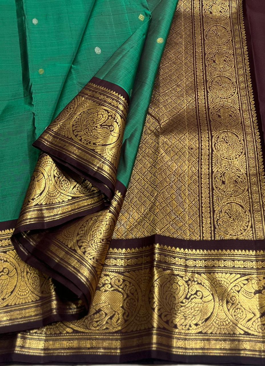 TORQUISE/BROWN  COLOUR  ZARI BORDER COMBITION PURE KANCHI SILK SAREE