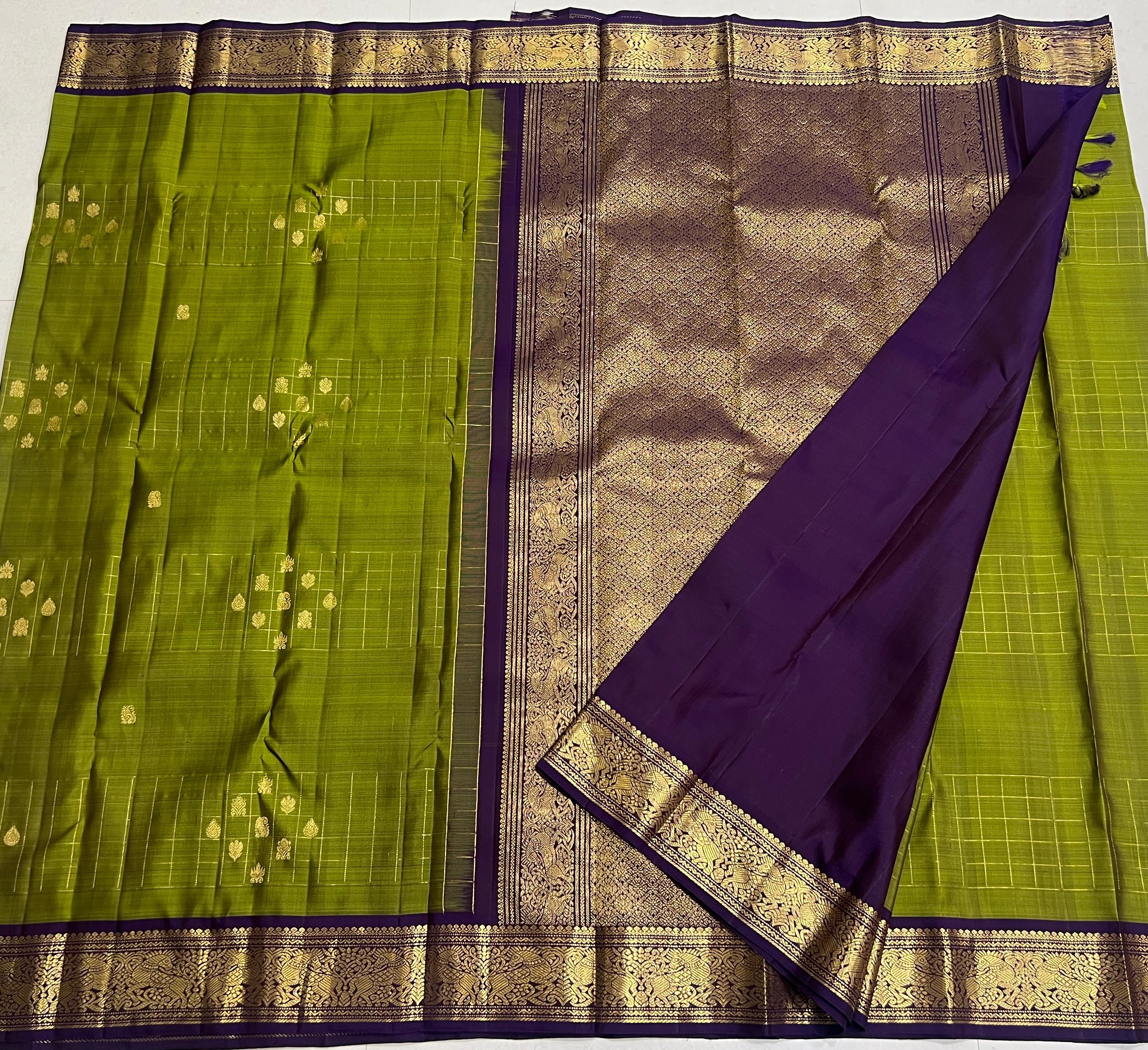 GREEN/VOILET  COLOUR  ZARI BORDER COMBITION PURE KANCHI SILK SAREE