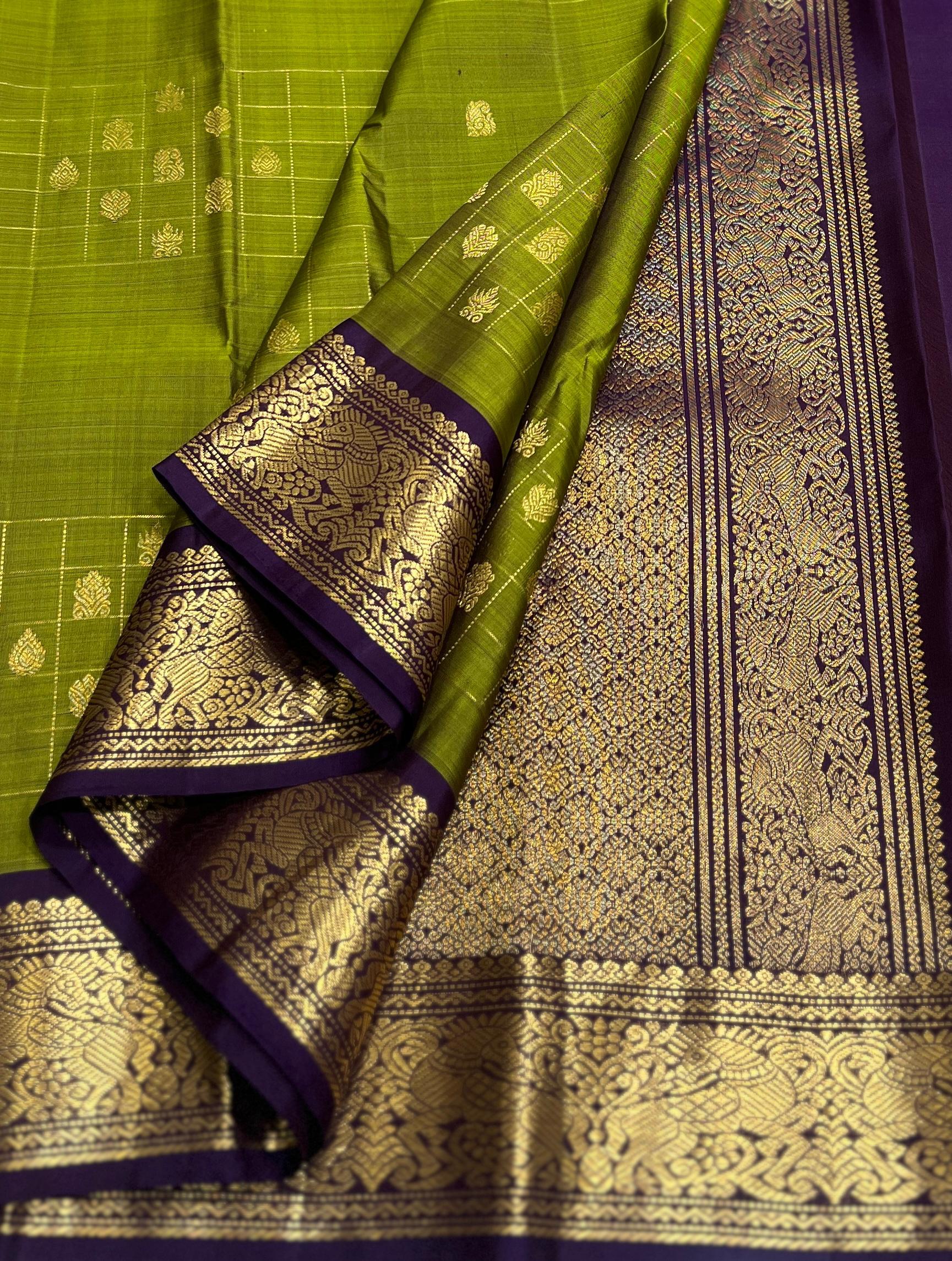 GREEN/VOILET  COLOUR  ZARI BORDER COMBITION PURE KANCHI SILK SAREE