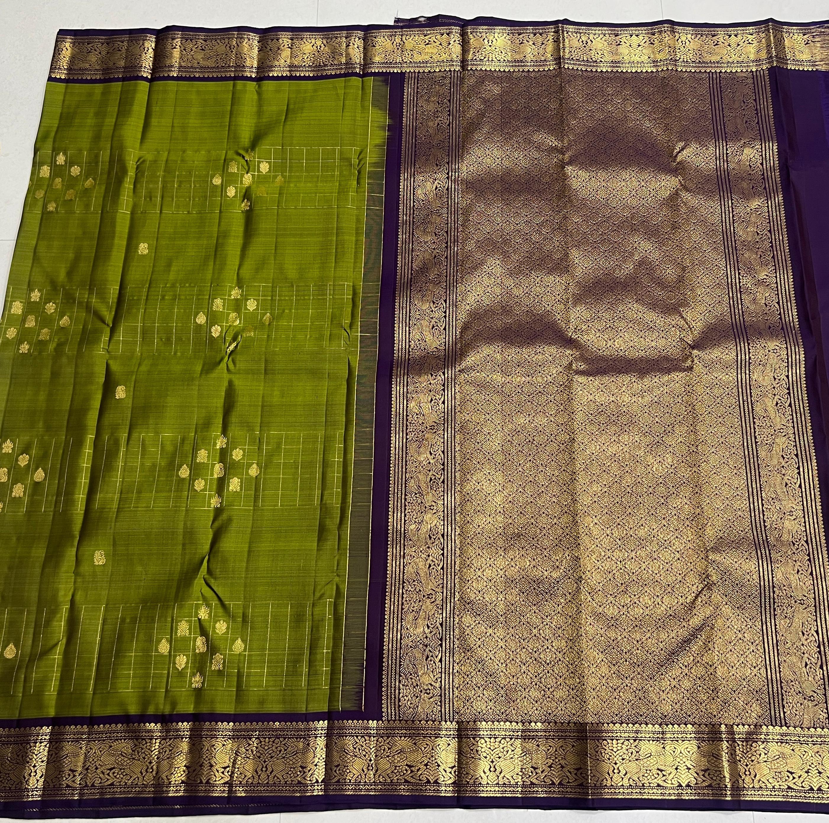 GREEN/VOILET  COLOUR  ZARI BORDER COMBITION PURE KANCHI SILK SAREE