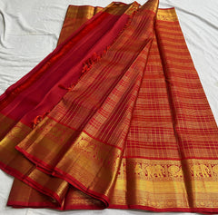 MAROONISH RED COLOUR  ZARI BORDER COMBITION PURE KANCHI SILK SAREE