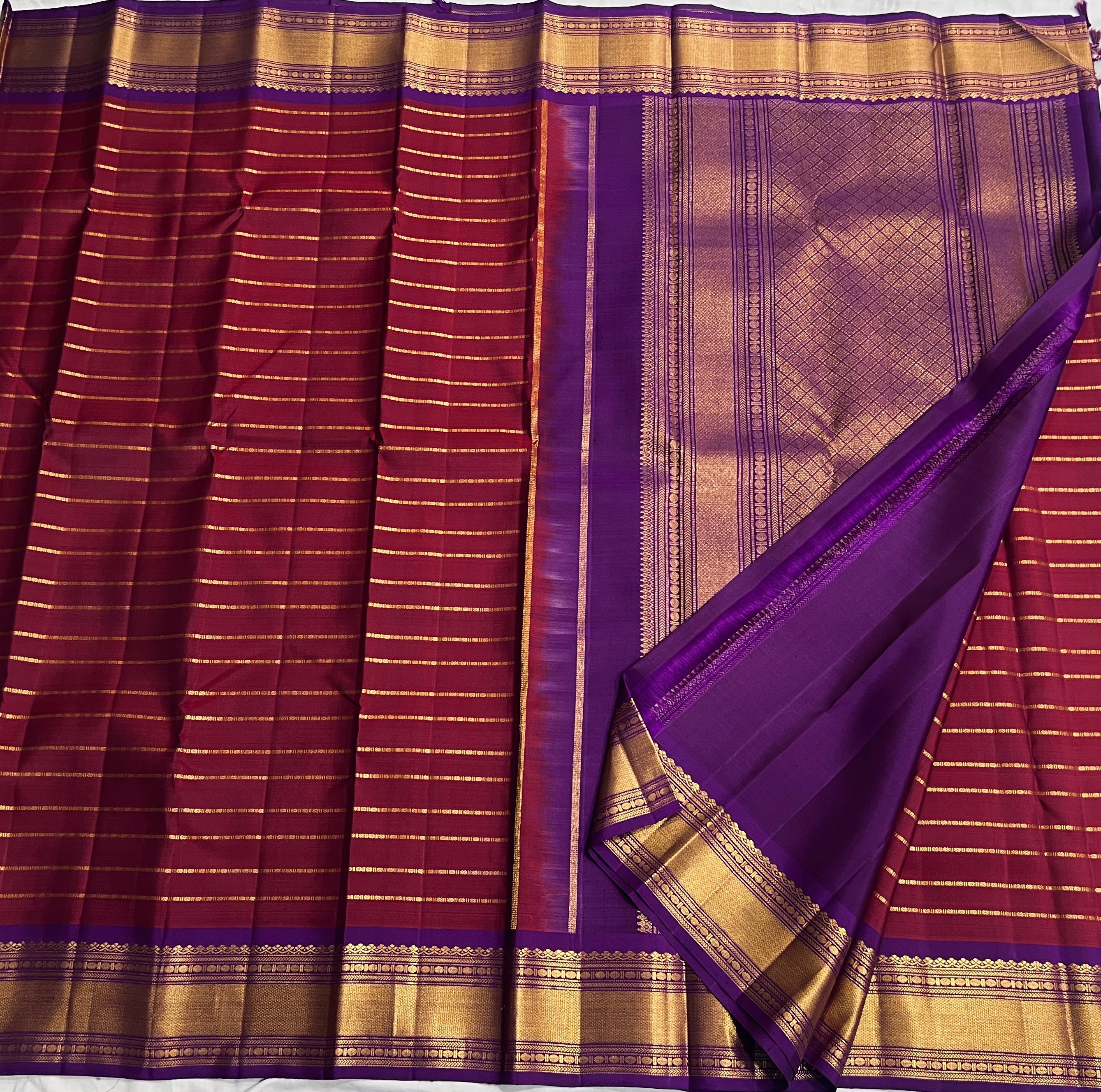 MAROON/PURPLE  COLOUR  ZARI BORDER COMBITION PURE KANCHI SILK SAREE