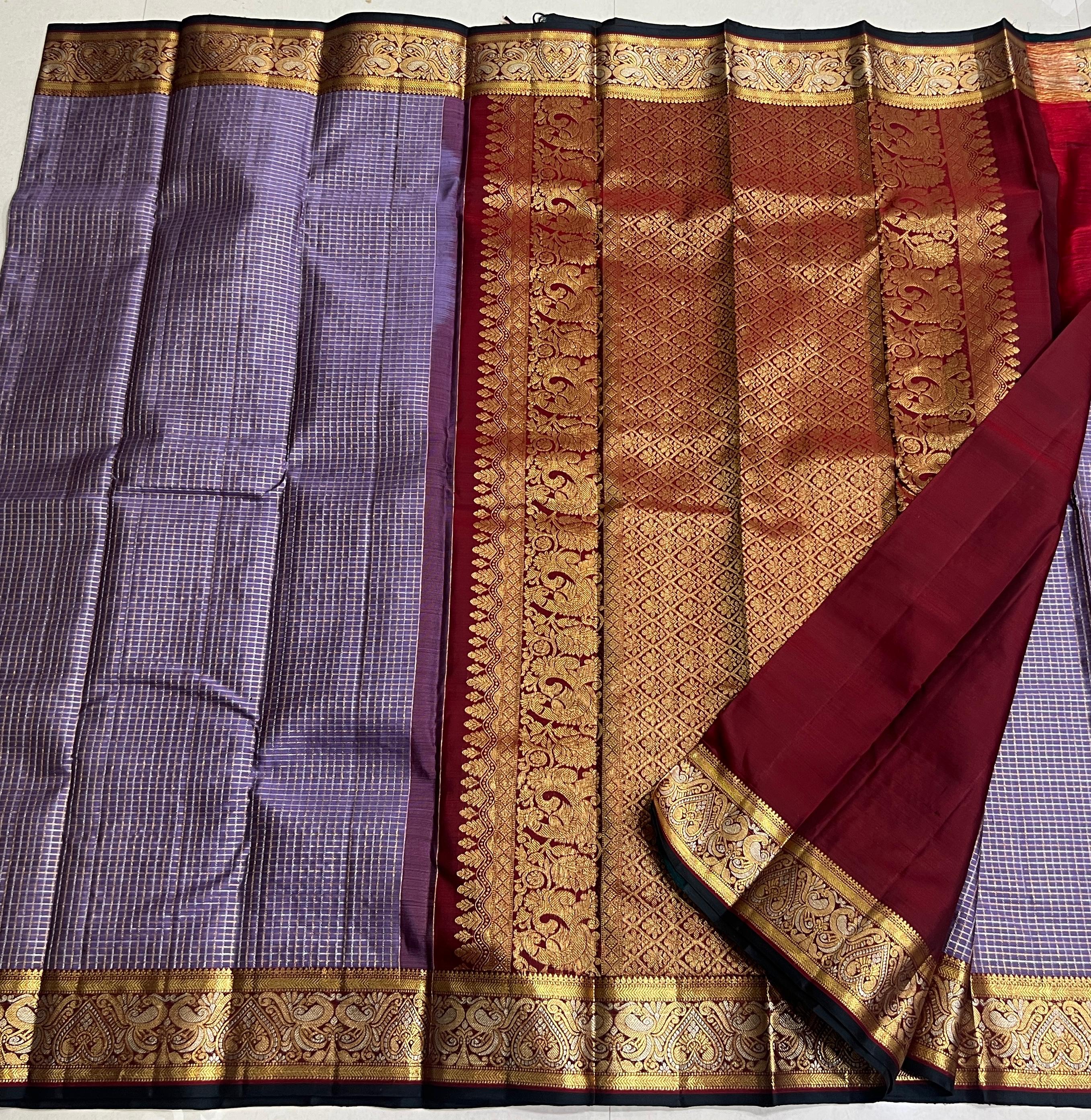 LAVENDER/MAROON  COLOUR  ZARI BORDER COMBITION PURE KANCHI SILK SAREE