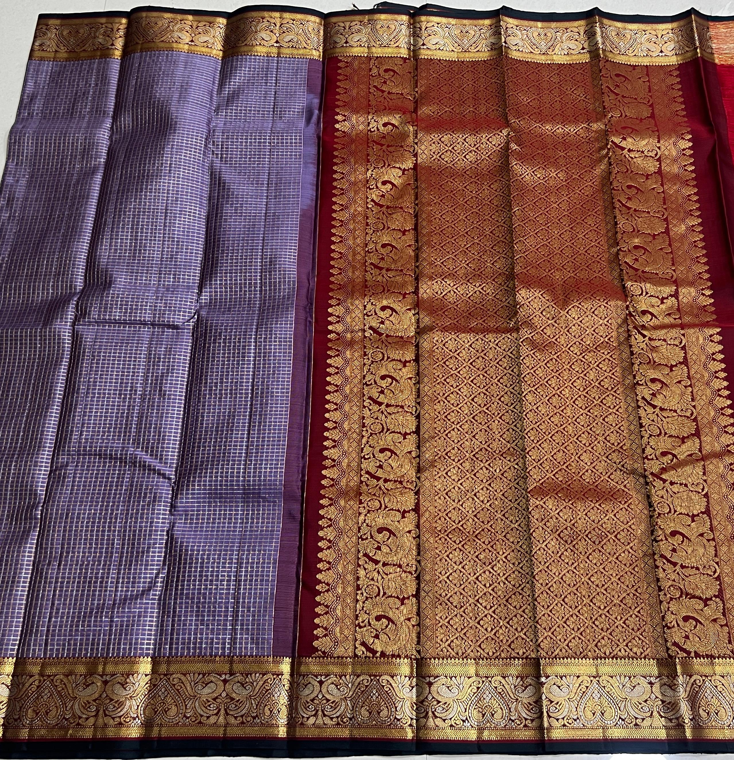 LAVENDER/MAROON  COLOUR  ZARI BORDER COMBITION PURE KANCHI SILK SAREE