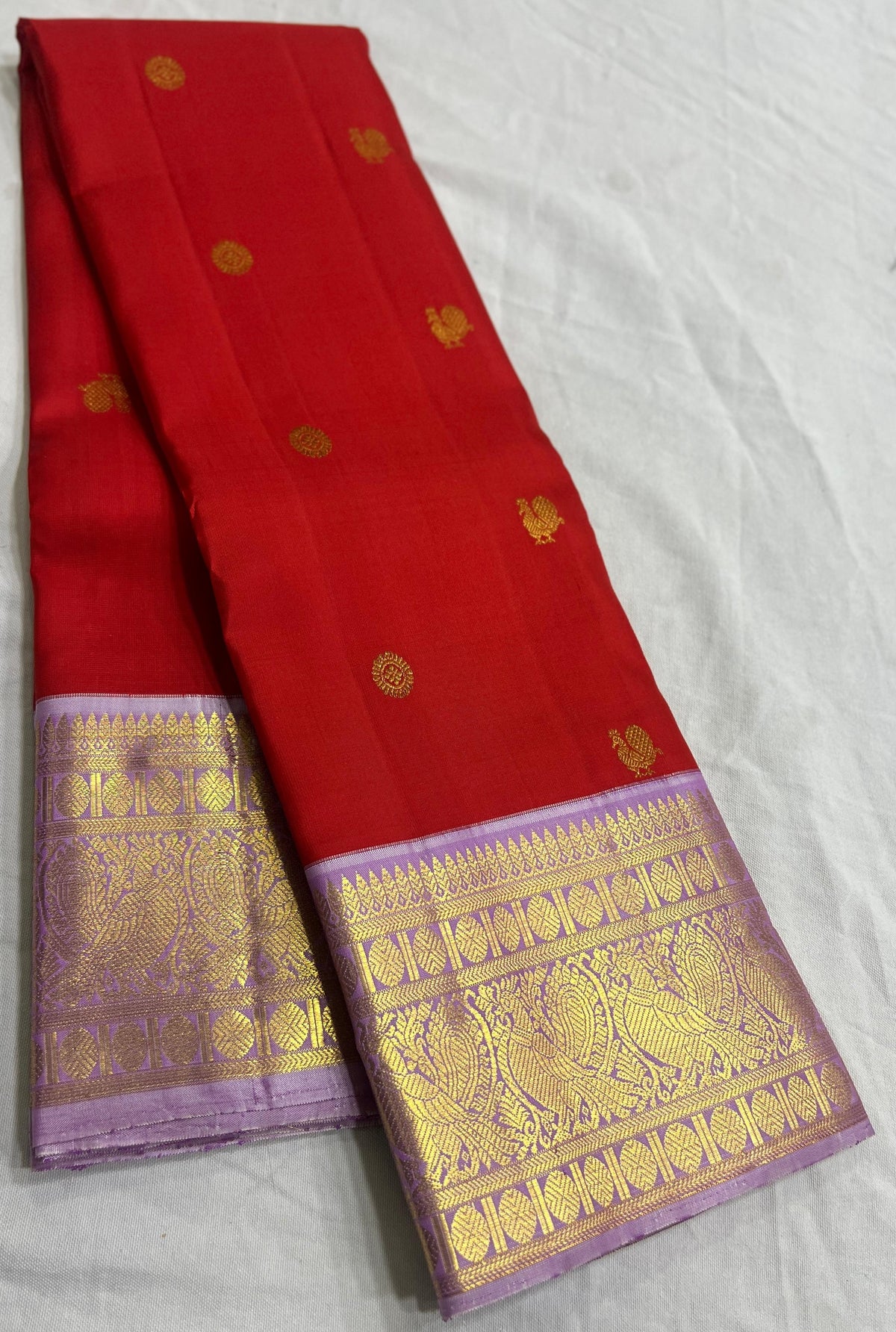 LAVENDER/RED  BORDER COMBITION PURE KANCHI SILK SAREE