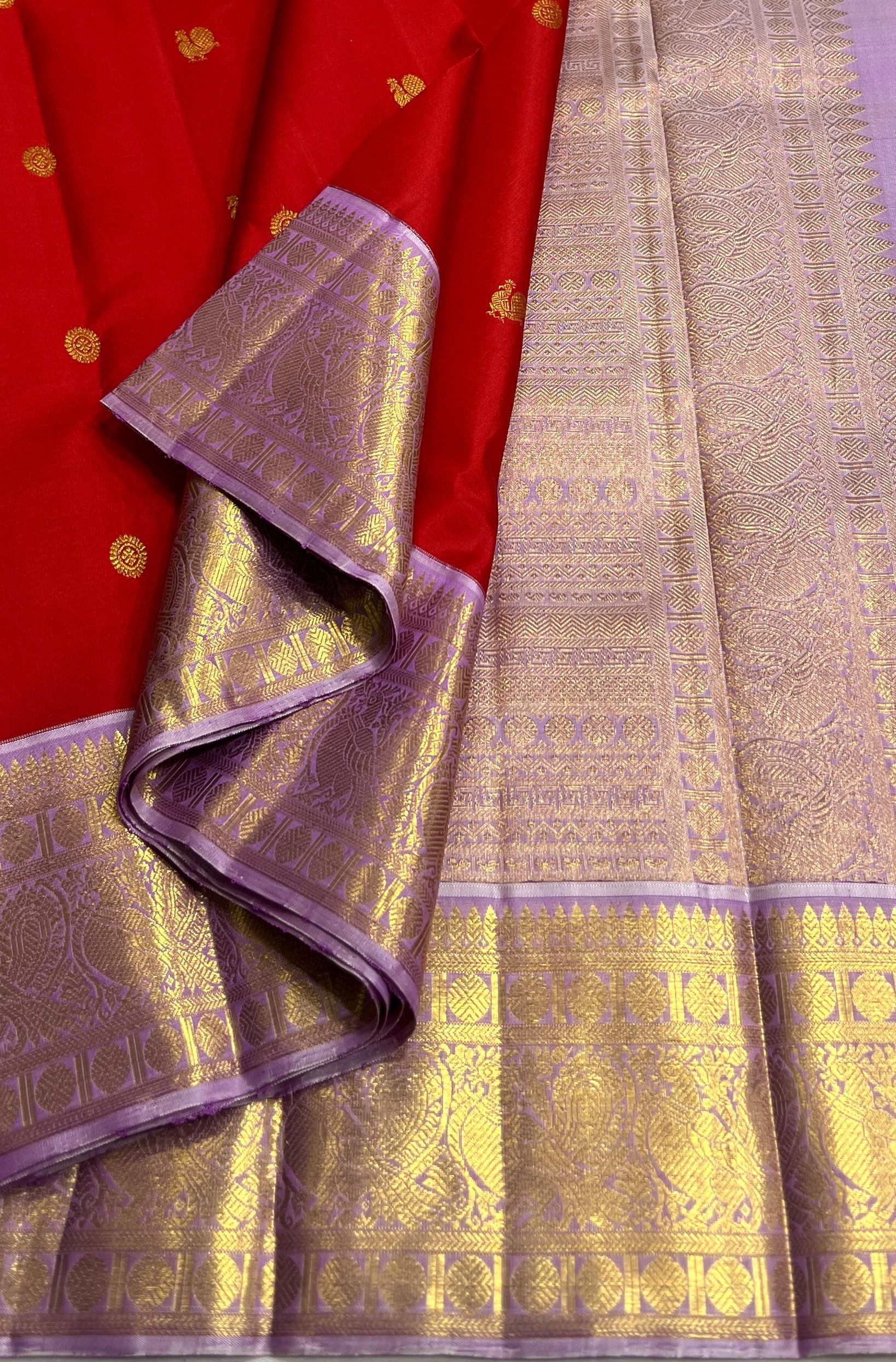 LAVENDER/RED  BORDER COMBITION PURE KANCHI SILK SAREE