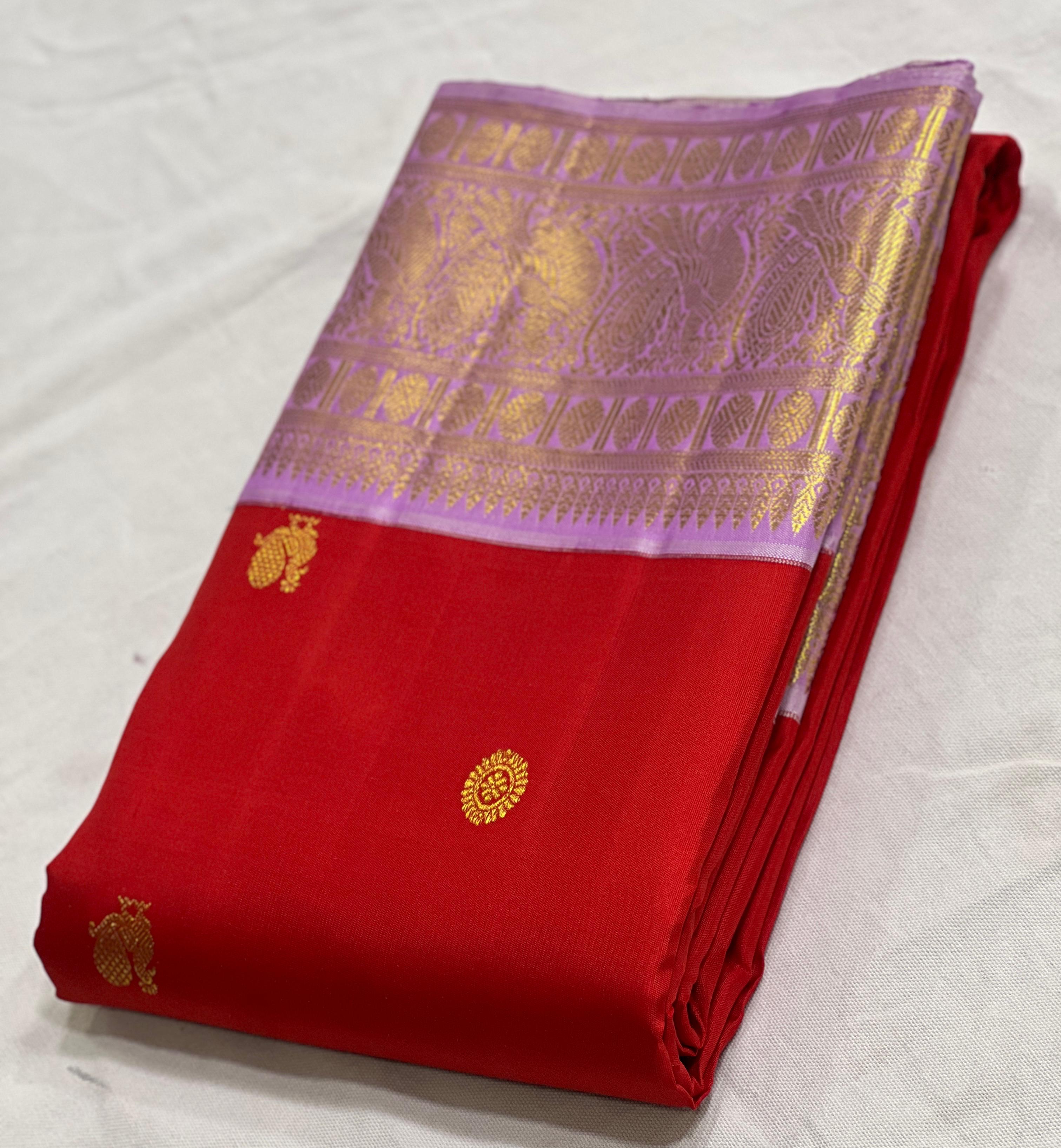 RED/LILAC COLOUR ZARI COMBINITION PURE SILK SAREES