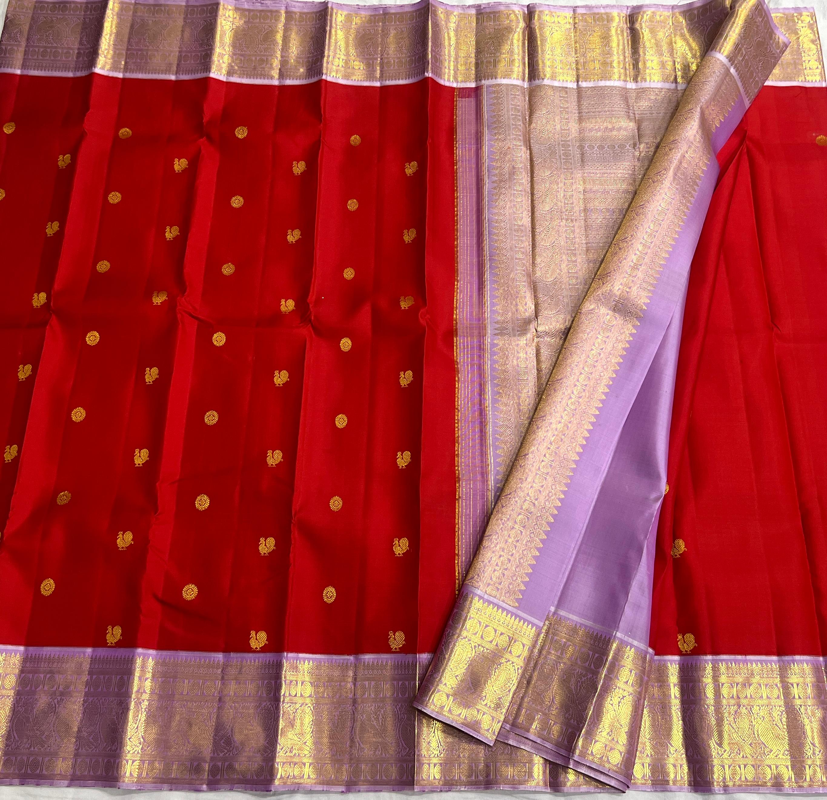 RED/LILAC COLOUR ZARI COMBINITION PURE SILK SAREES