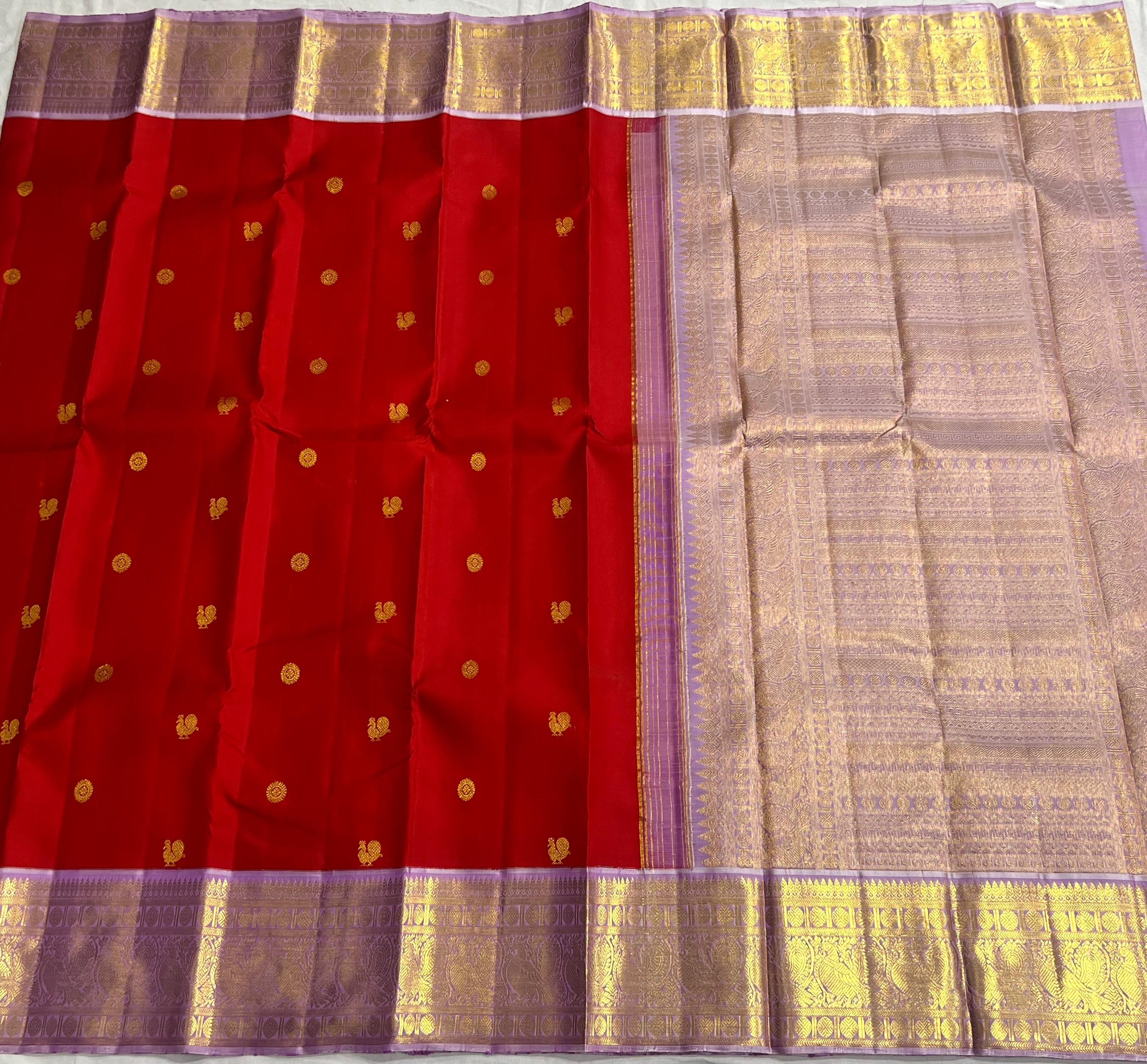 RED/LILAC COLOUR ZARI COMBINITION PURE SILK SAREES