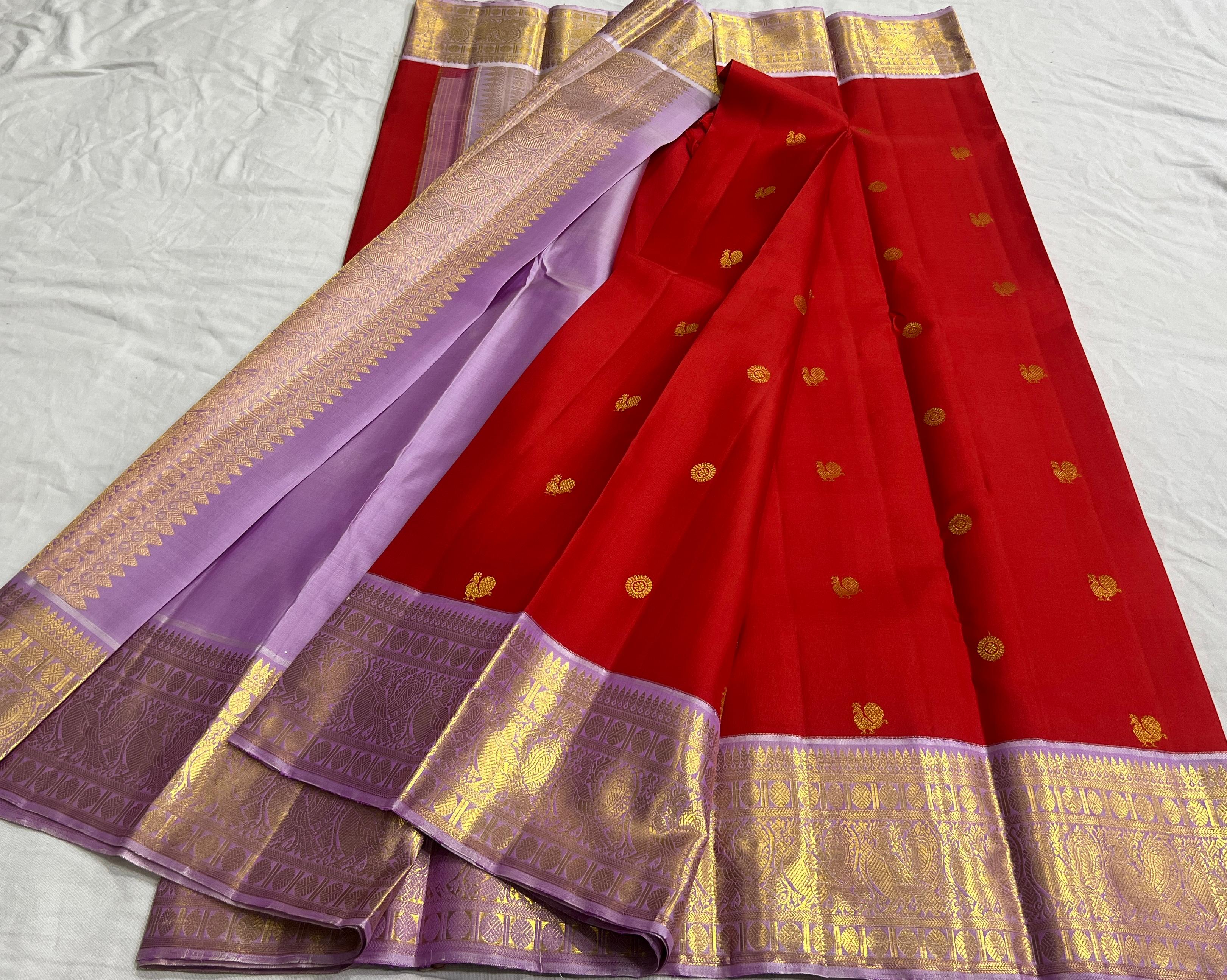 LAVENDER/RED  BORDER COMBITION PURE KANCHI SILK SAREE