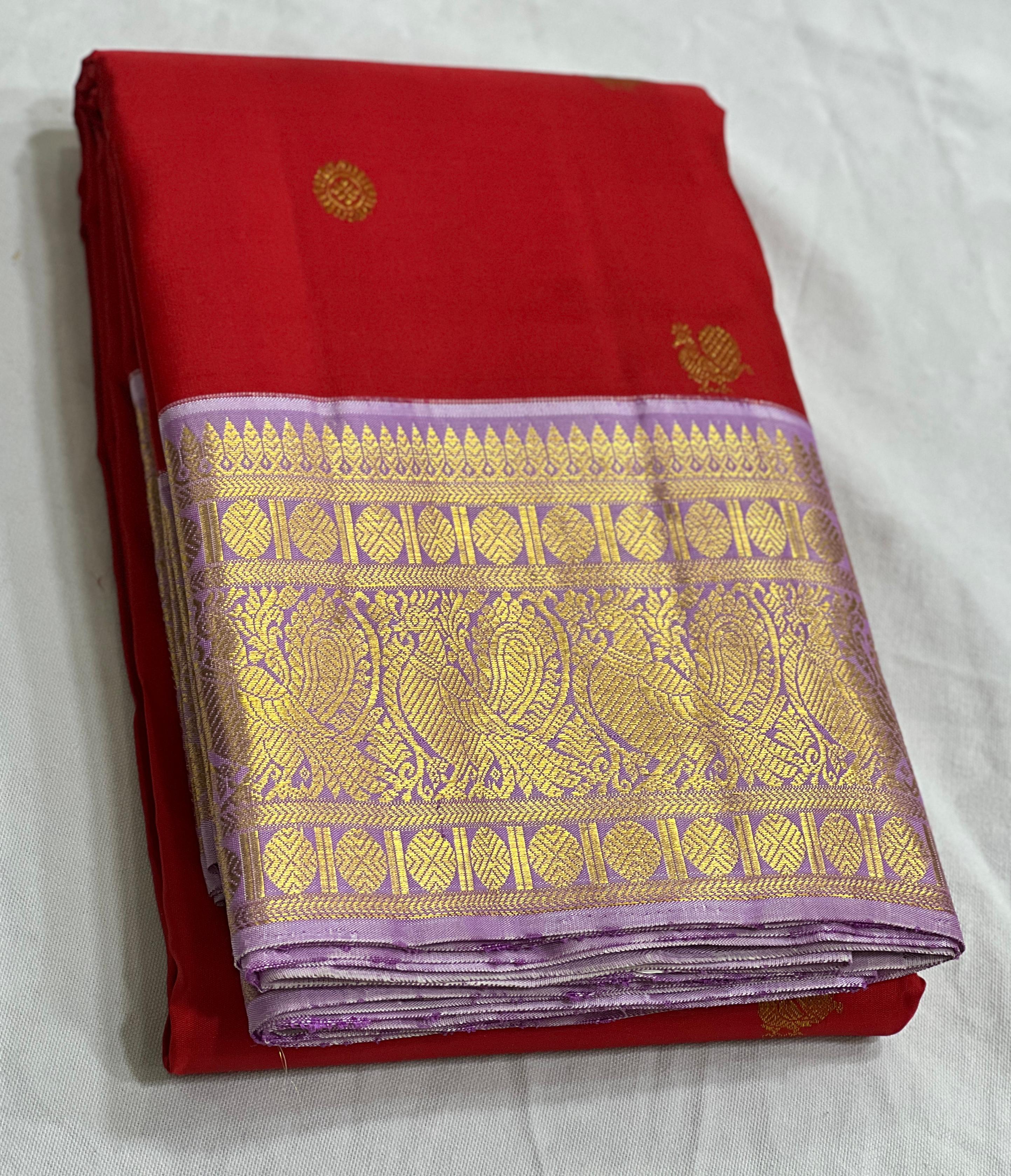 LAVENDER/RED  BORDER COMBITION PURE KANCHI SILK SAREE