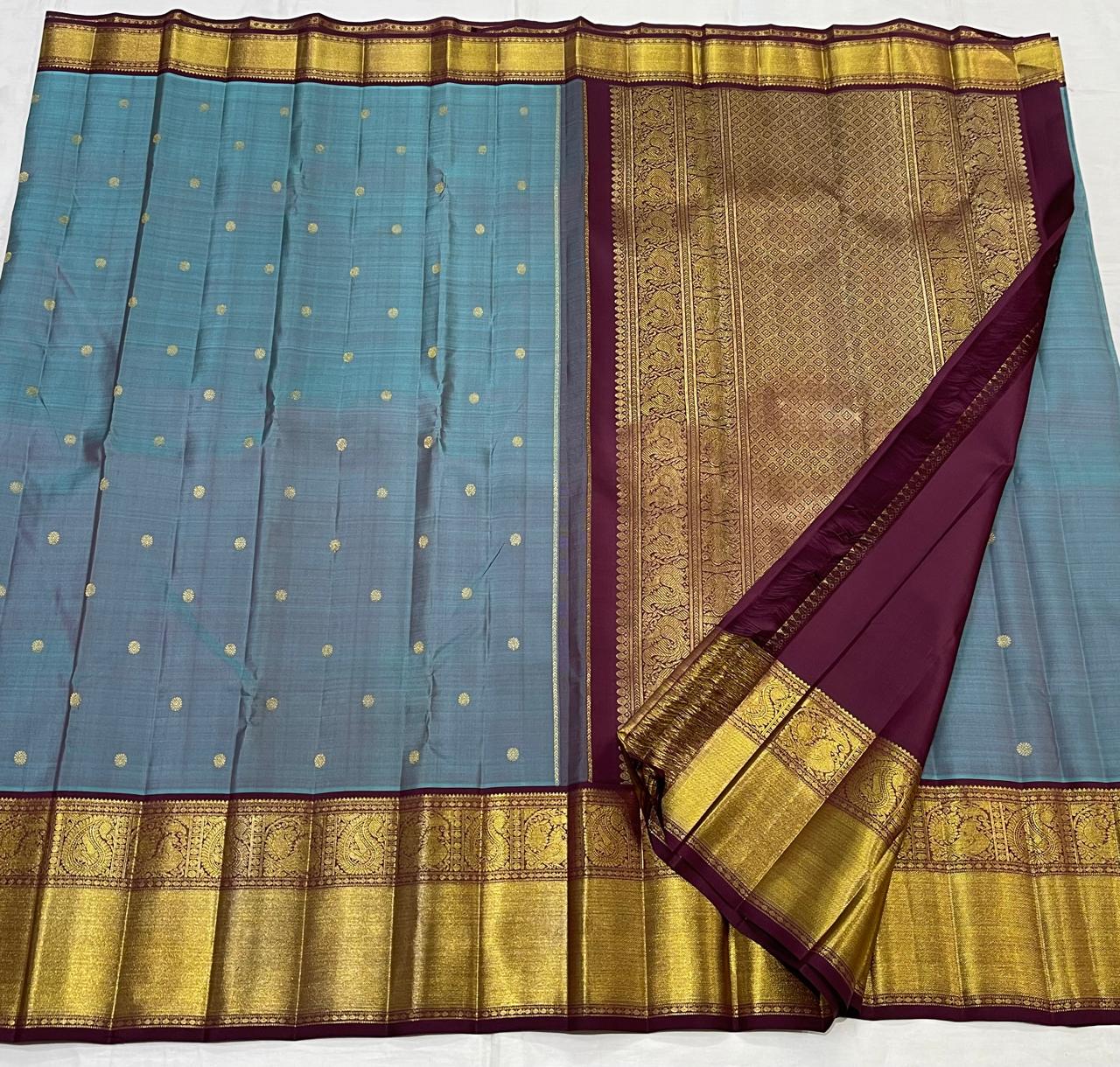 SKY BLUE/MAROON COLOUR ZARI COMBINITION PURE SILK SAREES